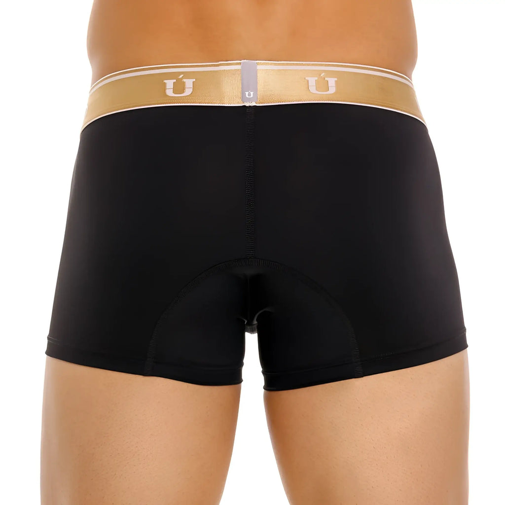 Black unico 24110100110 lingote trunks with gold and white waistband featuring u logo in front view