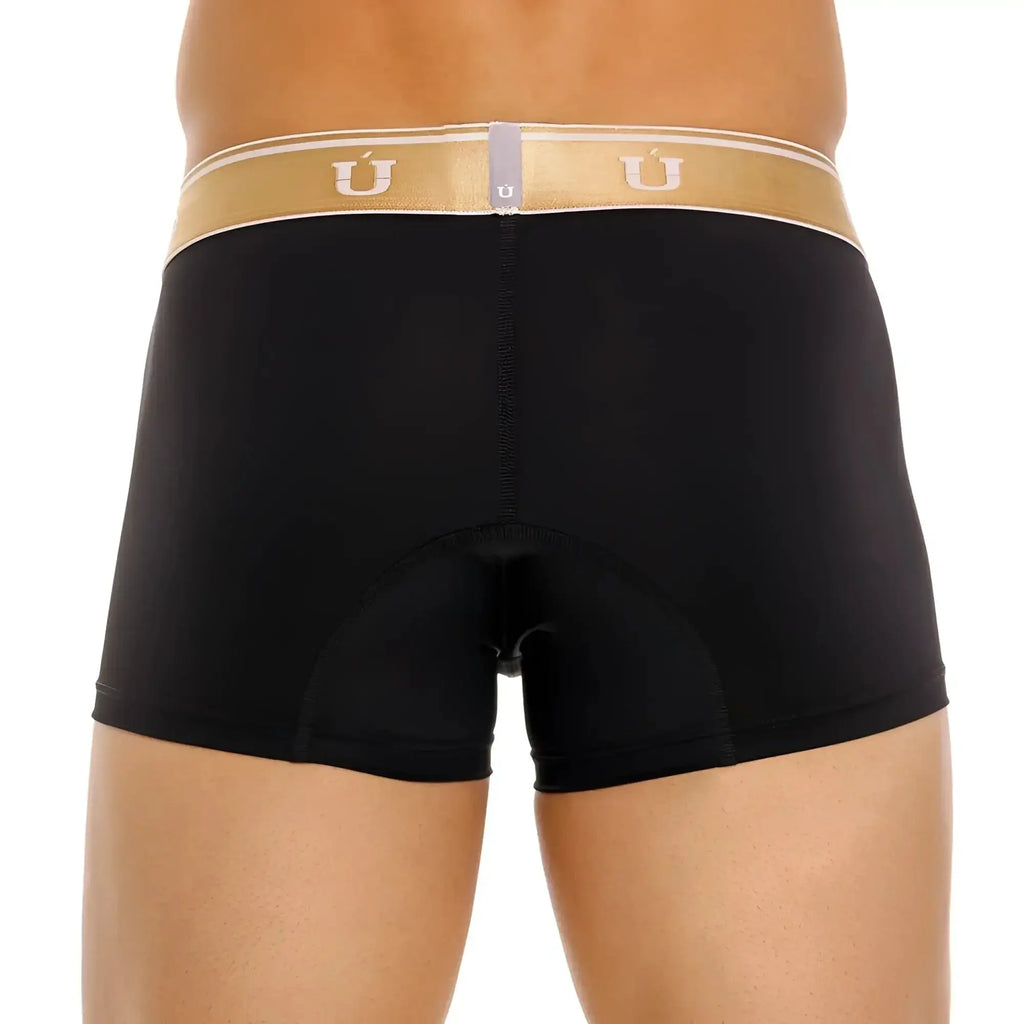 Black unico 24110100110 lingote trunks with gold and white waistband featuring u logo in front view