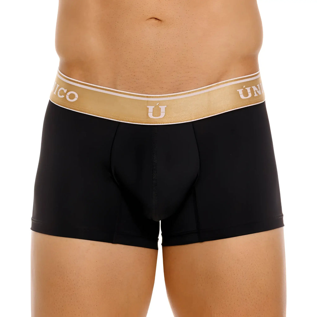 Black men’s boxer briefs with gold waistband featuring unico brand name white lettering model 24110100110 color 99-black