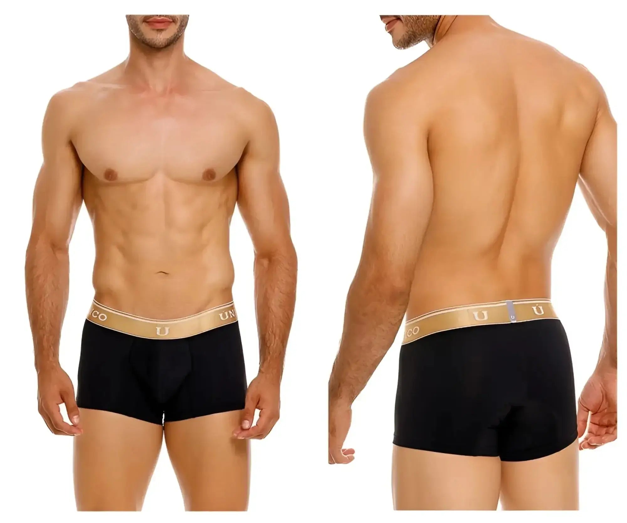 Black mens briefs with gold elastic waistband featuring unico logo in color 99 black lingote trunks model 24110100110