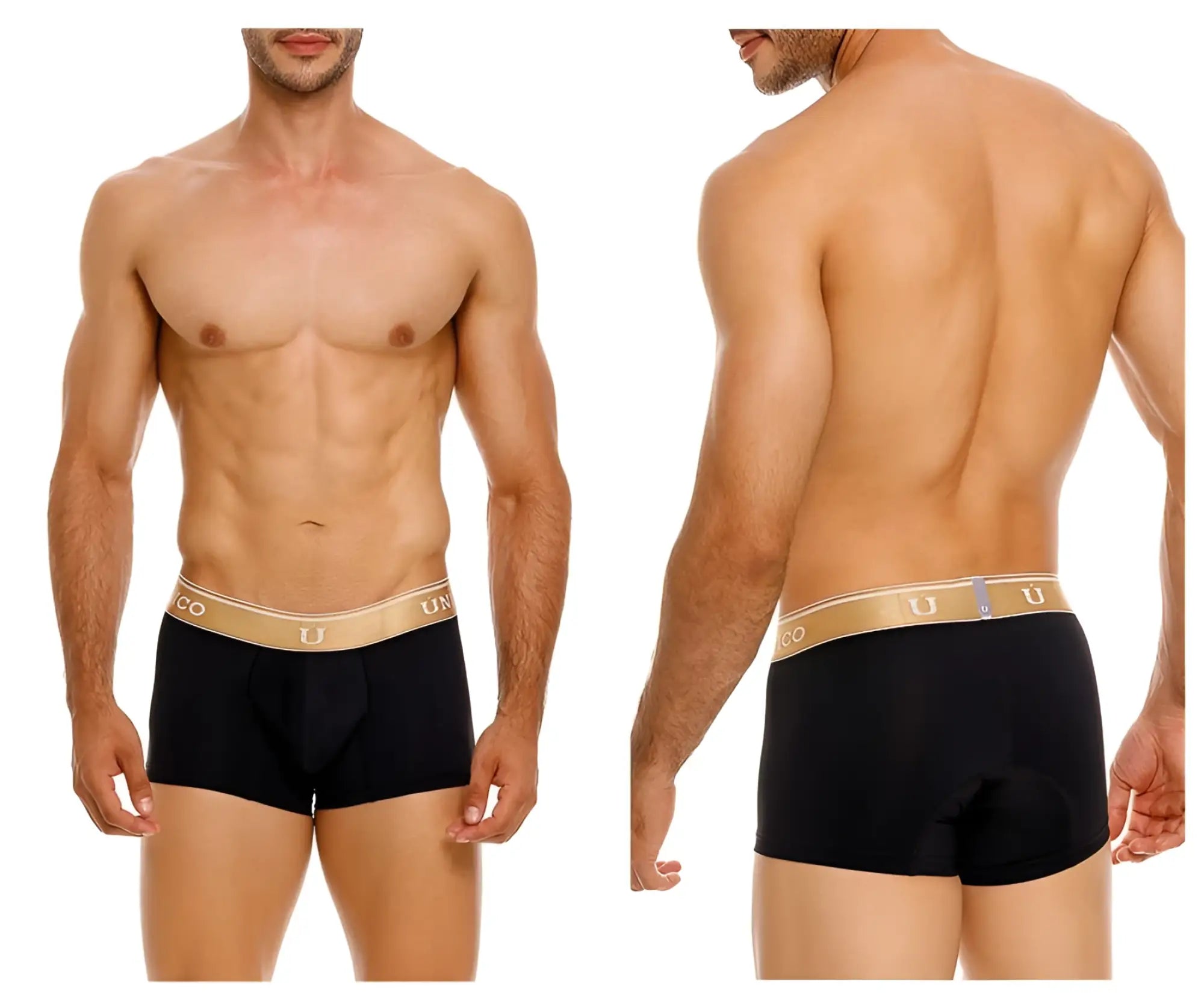 Black mens briefs with gold elastic waistband featuring unico logo in color 99 black lingote trunks model 24110100110