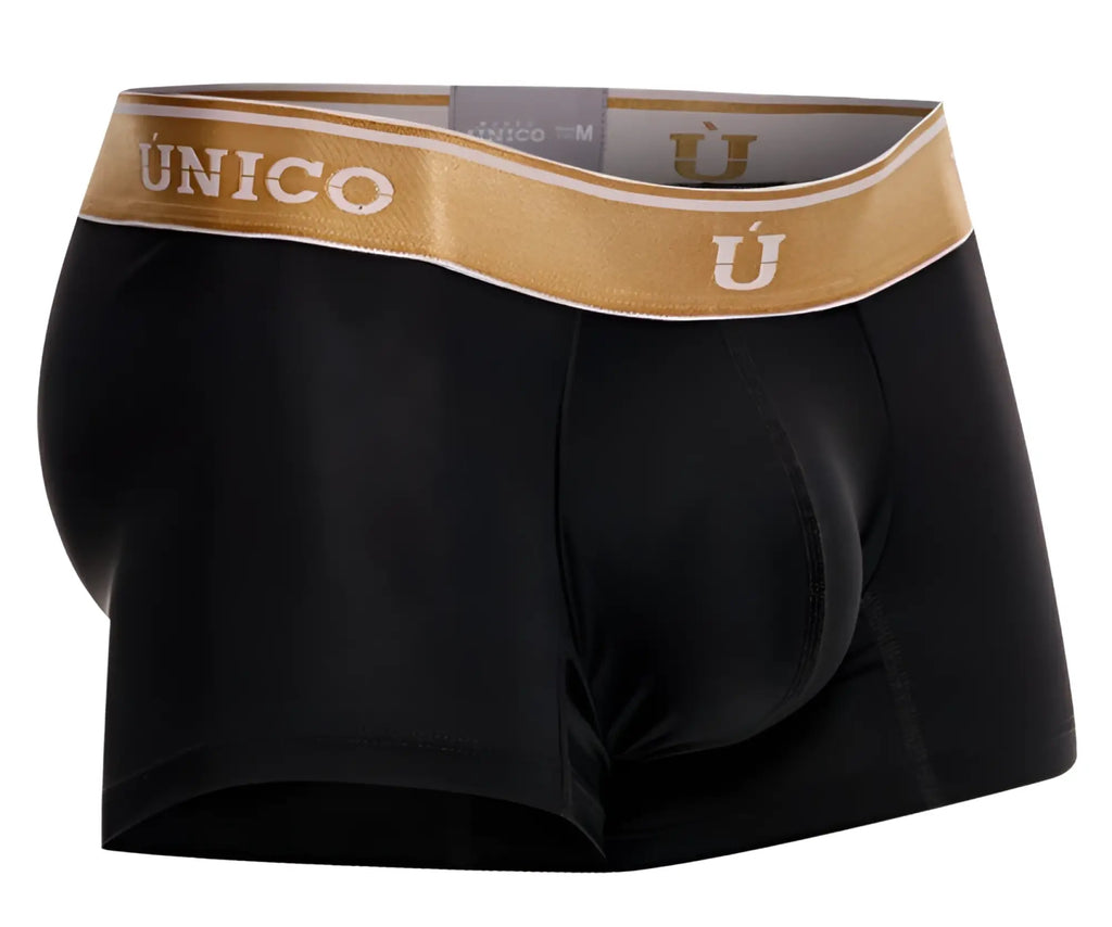Black unico men’s briefs with gold waistband featuring brand name and logo in unico 24110100110 lingote trunks color 99-black