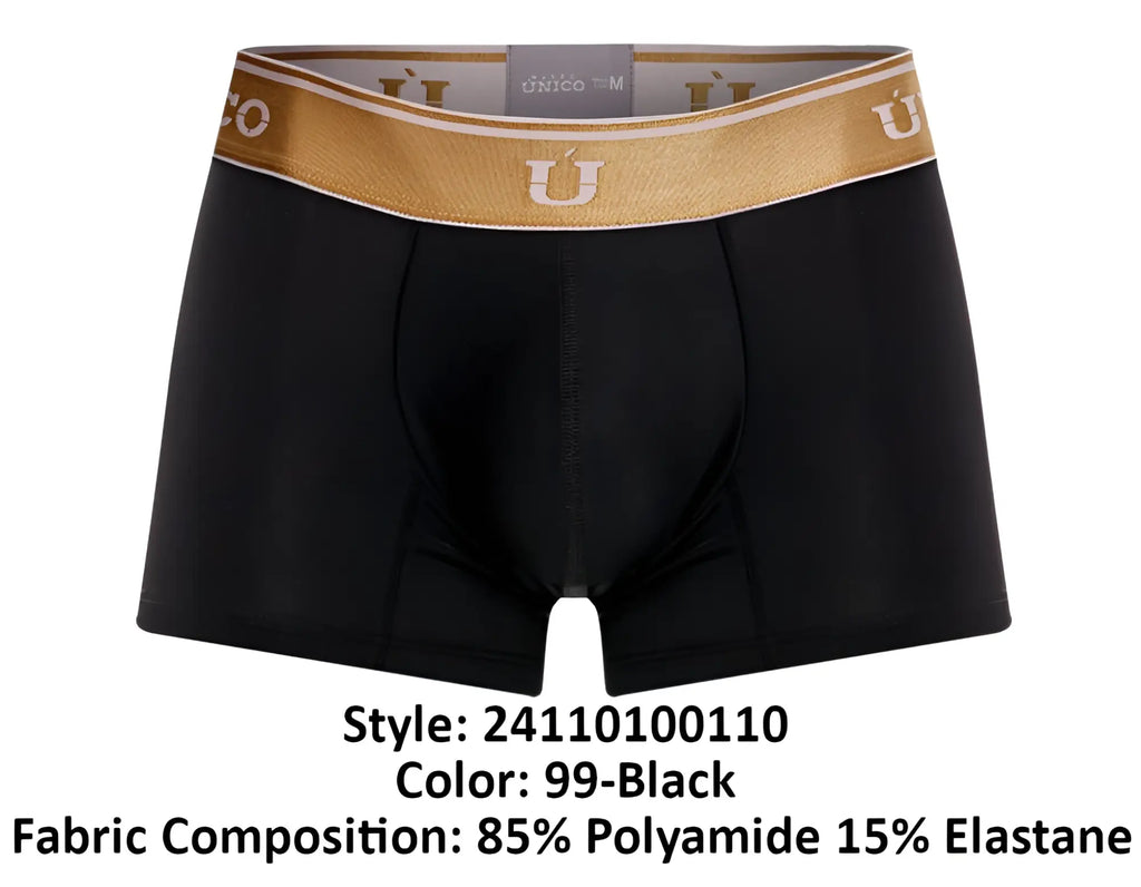 Black men’s Unico 24110100110 Lingote trunks with gold and white u logo waistband made of 85% polyamide 15% elastane