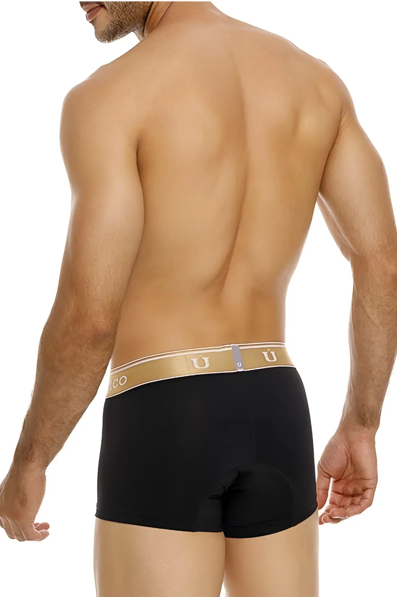 Black men’s briefs unico 24110100110 lingote trunks in black with a tan elastic waistband featuring the brand logo