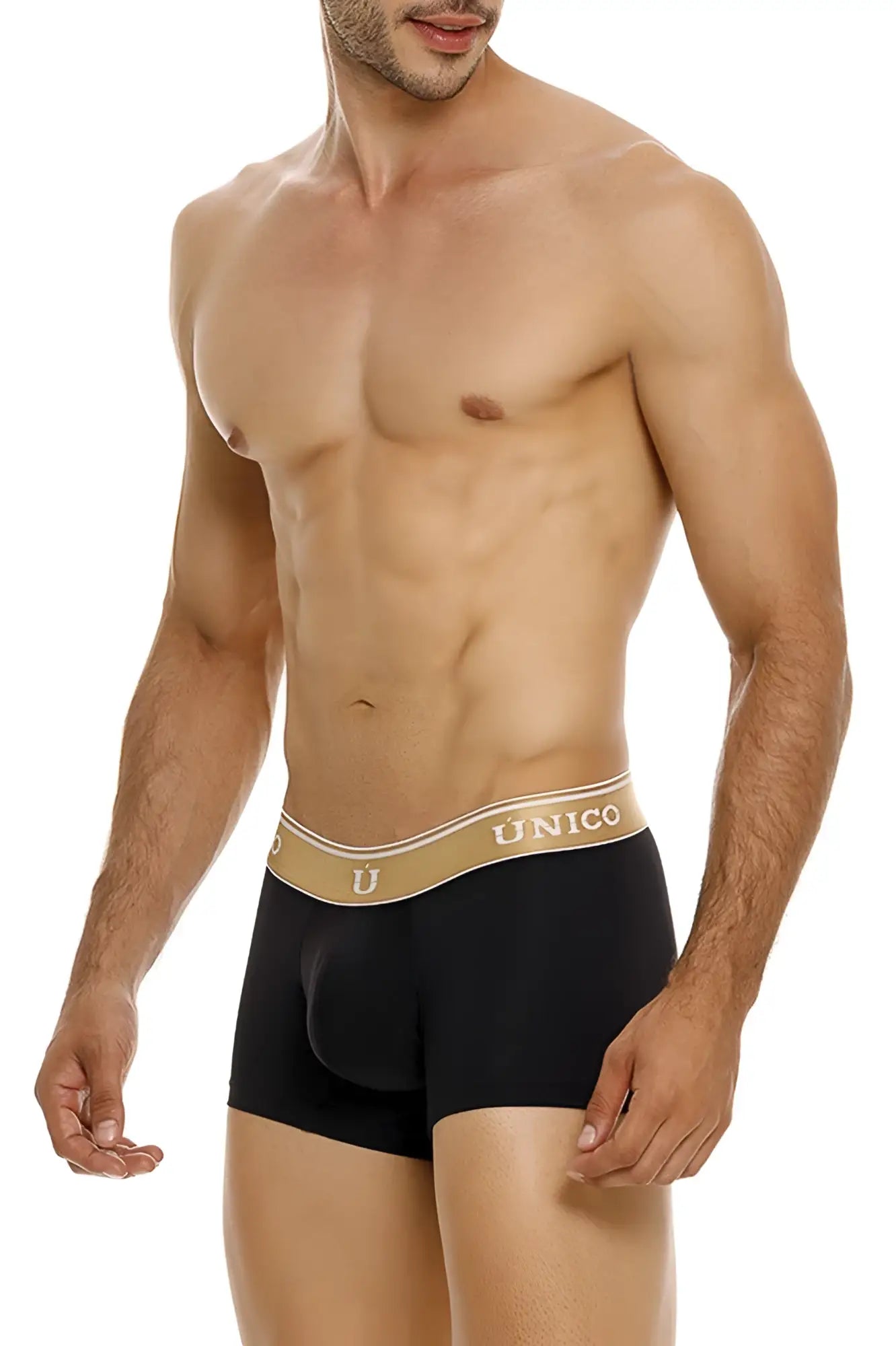 Black Unico 24110100110 lingote trunks featuring tan waistband with gold Unico branding in front view