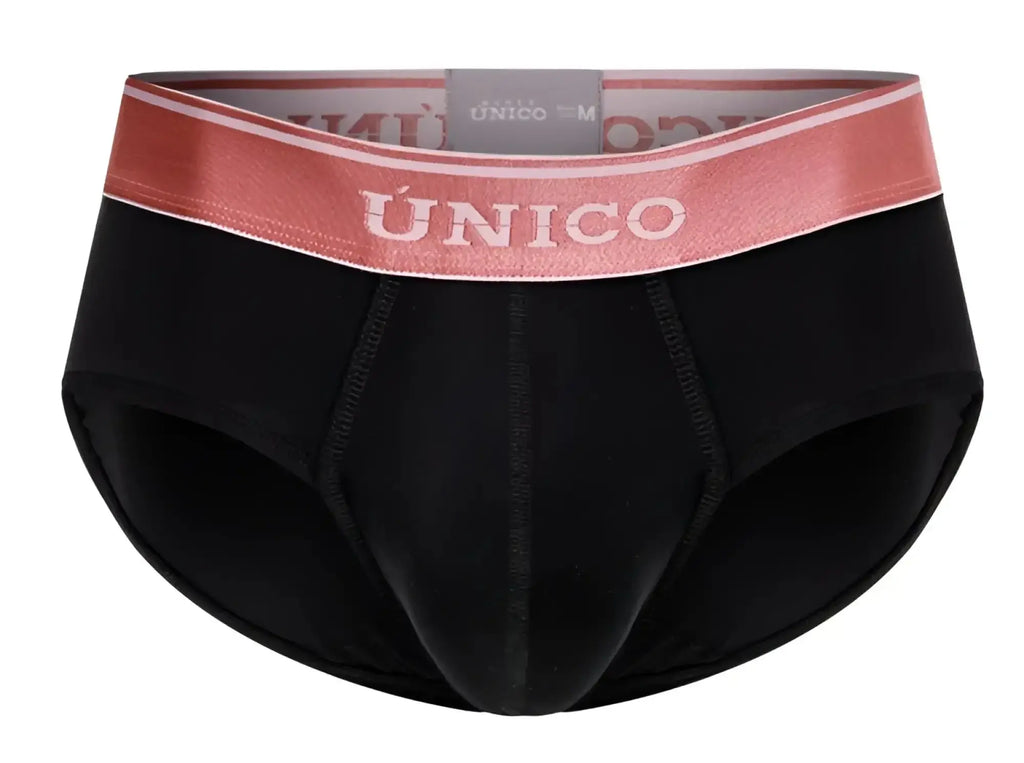 Black unico 24110101108 oro rosa briefs with a rose-colored elastic waistband featuring white unico branding