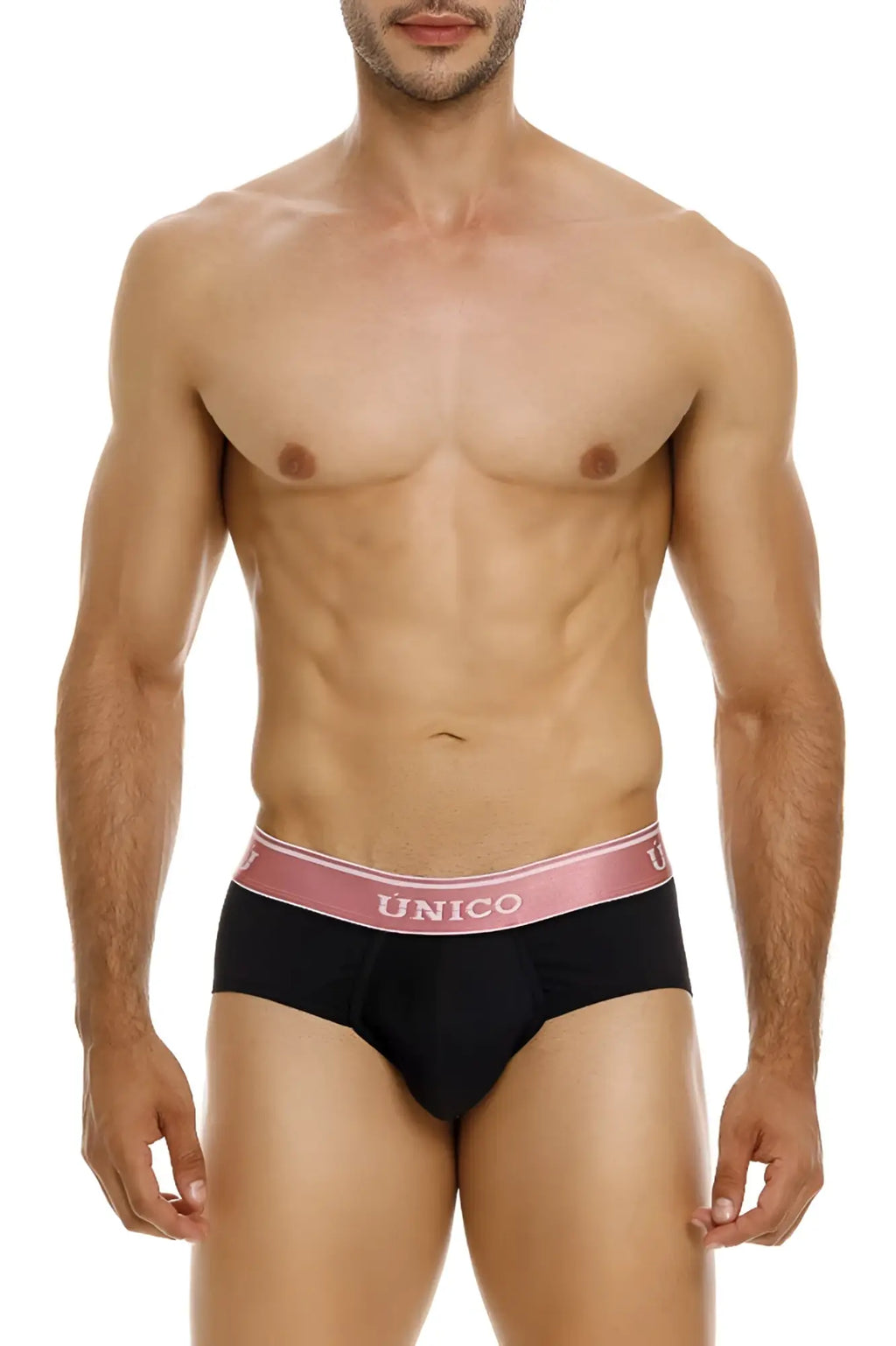 Black único briefs with pink waistband and white logo featuring oro rosa brief style color 99-black