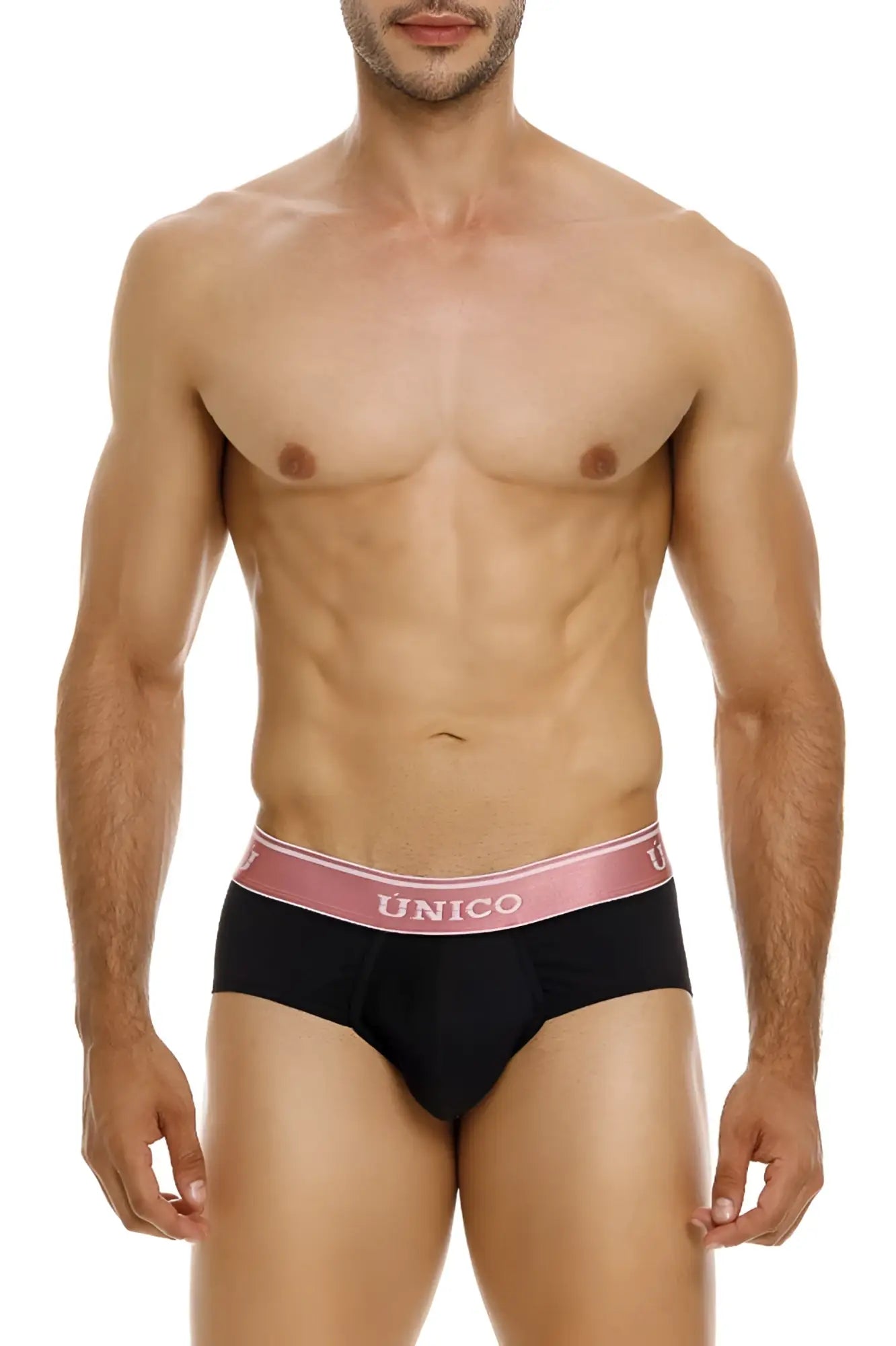 Black único briefs with pink waistband and white logo featuring oro rosa brief style color 99-black