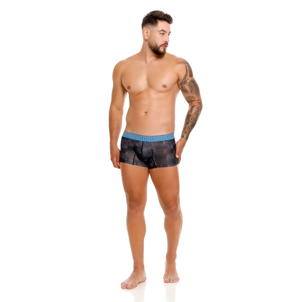 Unico epitome trunks blue and black patterned boxer briefs with solid blue waistband for comfortable wear
