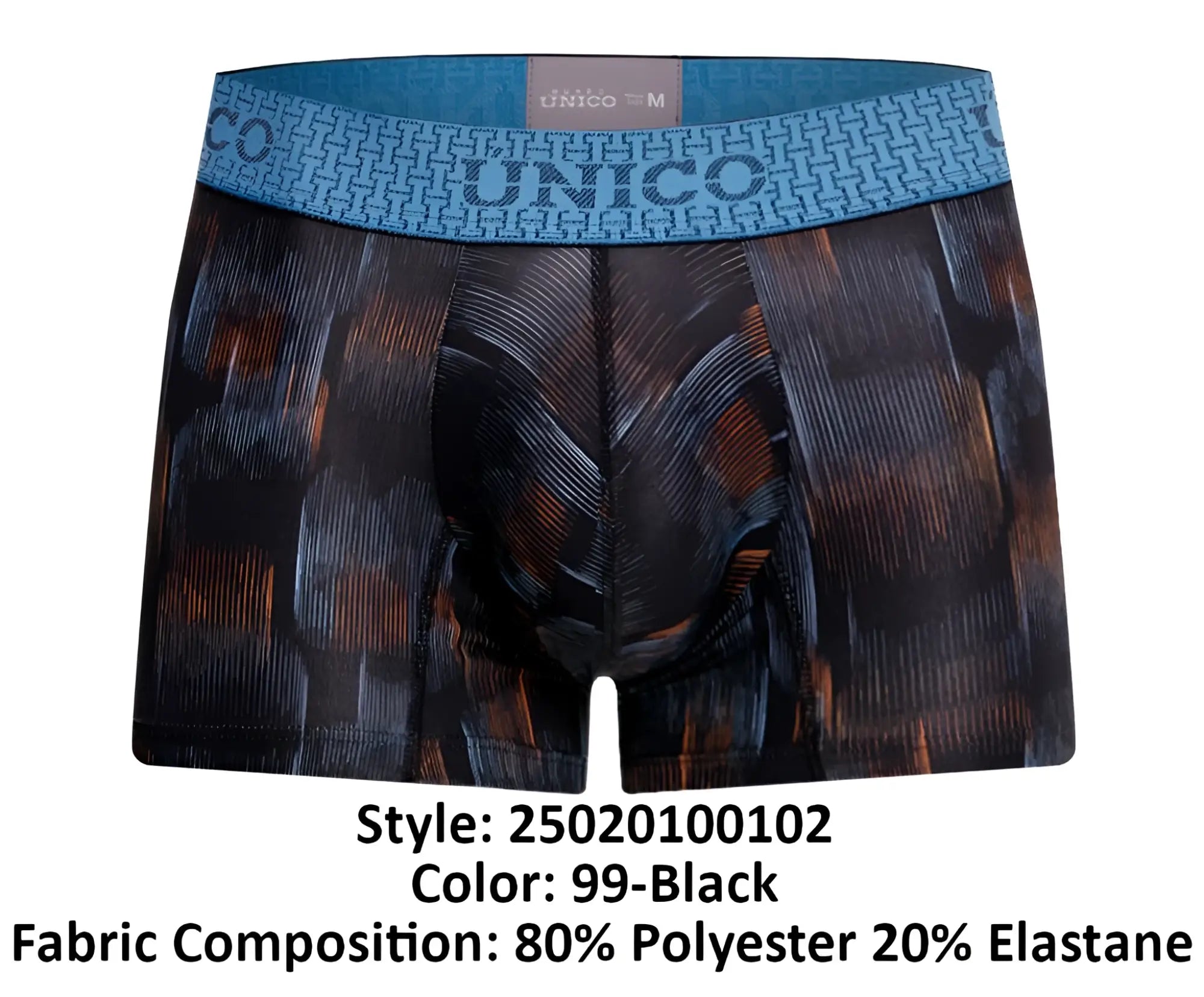 Black unico 25020100102 epitome trunks with textured brown and gray pattern and blue waistband with unico branding