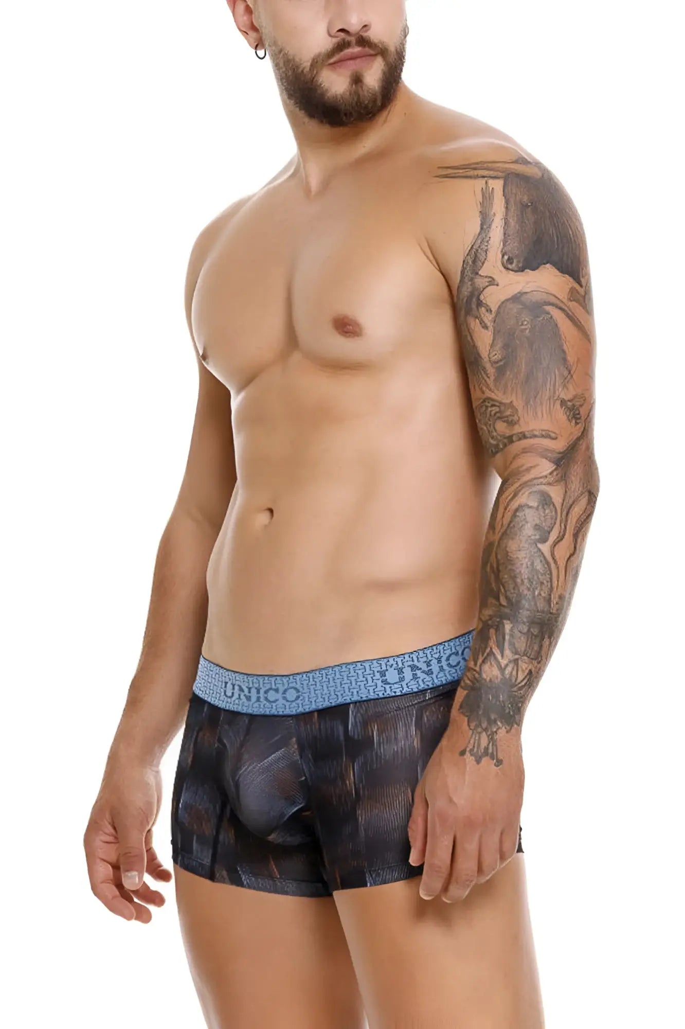 Dark blue and black patterned unico 25020100102 epitome trunks with light blue elastic waistband in color 99-black