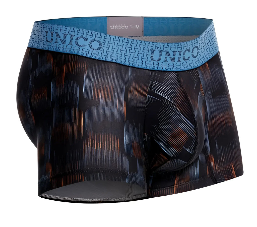 Men’s unico 25020100102 epitome trunks with dark black brown geometric pattern and light blue waistband