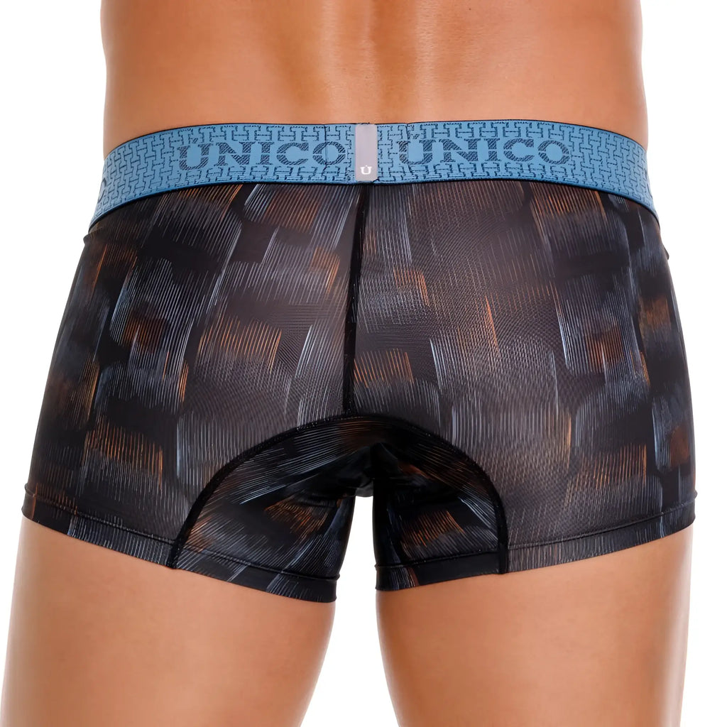 Unico 25020100102 Epitome trunks in black and orange abstract pattern with blue unico waistband boxer briefs