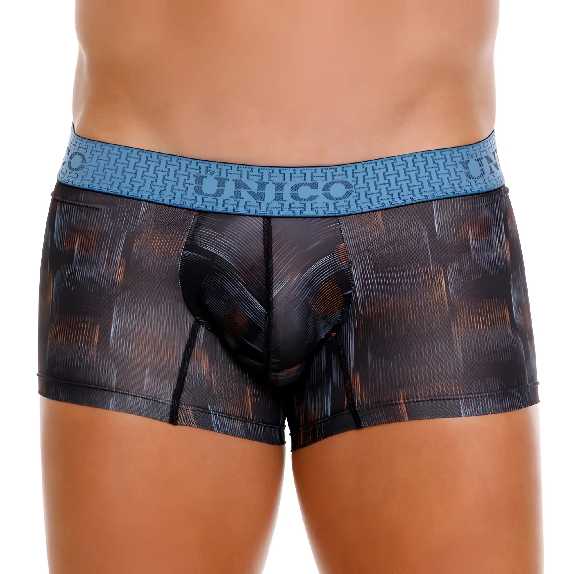 Unico 25020100102 epitome trunks are black and orange patterned men’s boxer briefs with a blue woven waistband