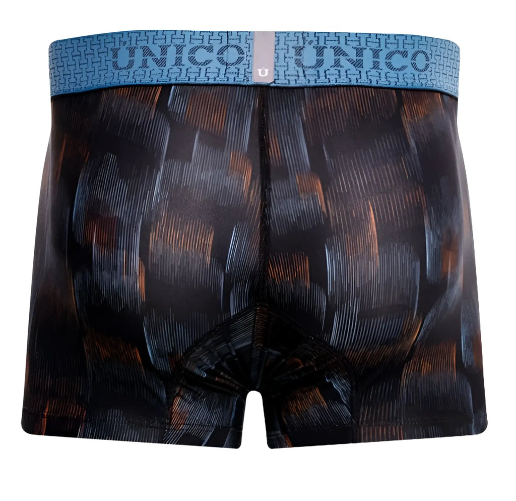 Black and orange patterned unico men’s boxer briefs with blue waistband featuring brand name color 99 black