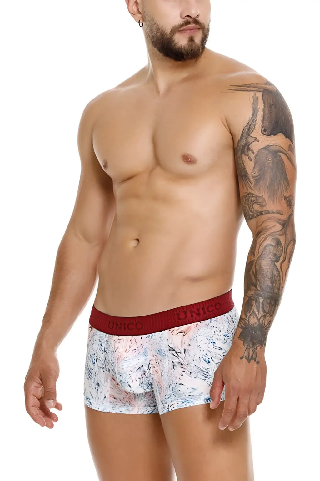 White unico 25020100103 rizo trunks boxer briefs with marbled pink blue gray pattern and red elastic waistband