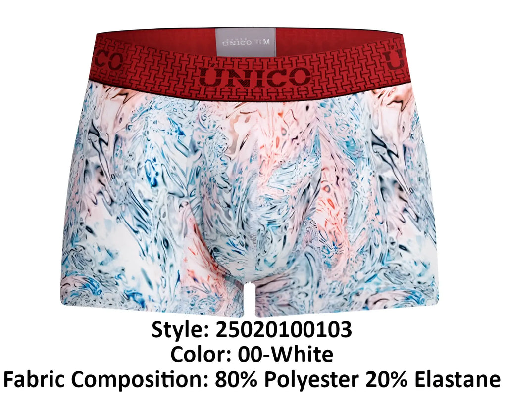 White Unico 25020100103 Rizo trunks with a marbled blue pink gray front and red elastic waistband