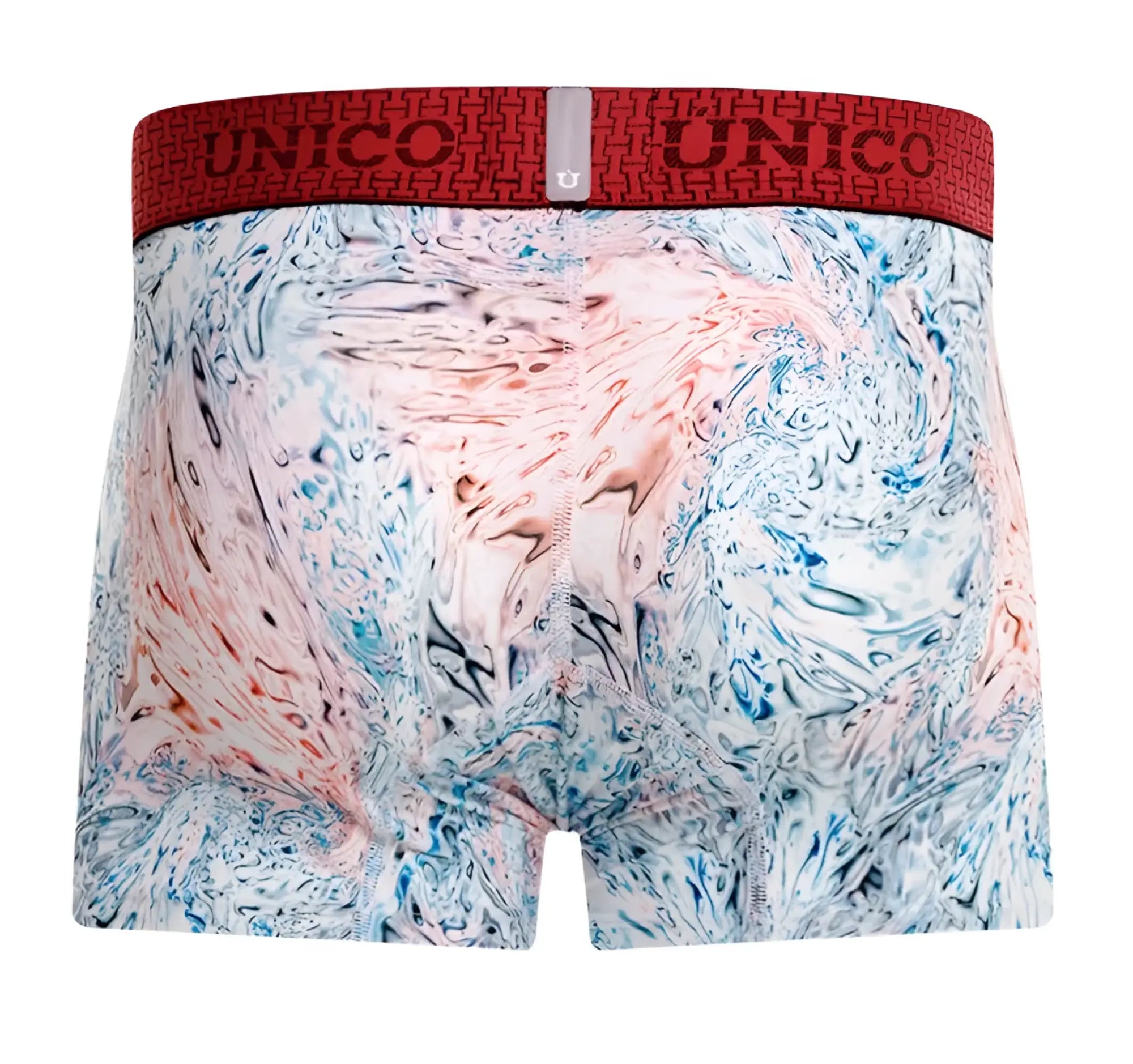 Unico 25020100103 rizo trunks color 00-white men’s boxer briefs with vibrant blue pink white watercolor pattern and red waistband