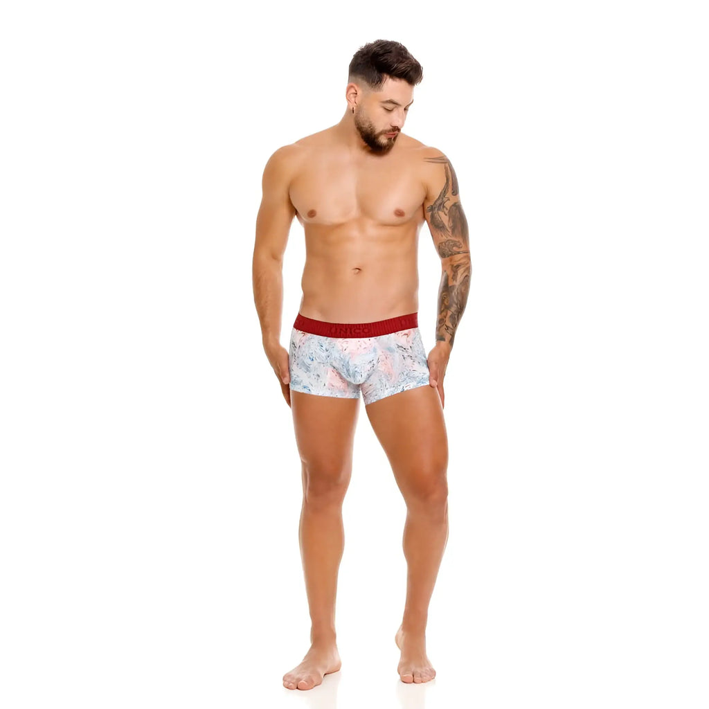 Men’s unico 25020100103 rizo trunks boxer briefs with white base light pink and blue floral pattern and red waistband