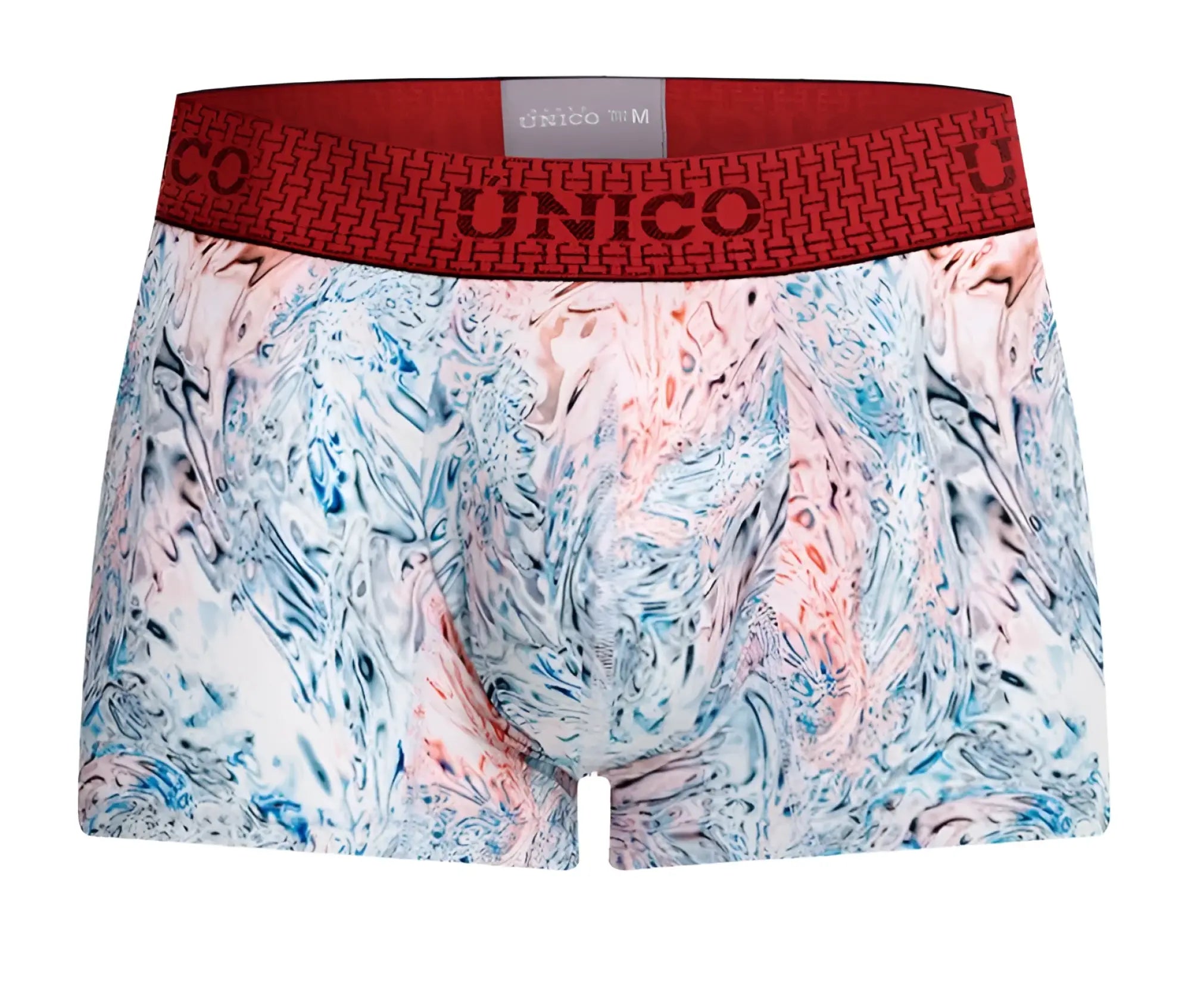 Unico 25020100103 Rizo trunks men’s boxer briefs with vibrant blue pink white abstract marble pattern and soft branded waistband