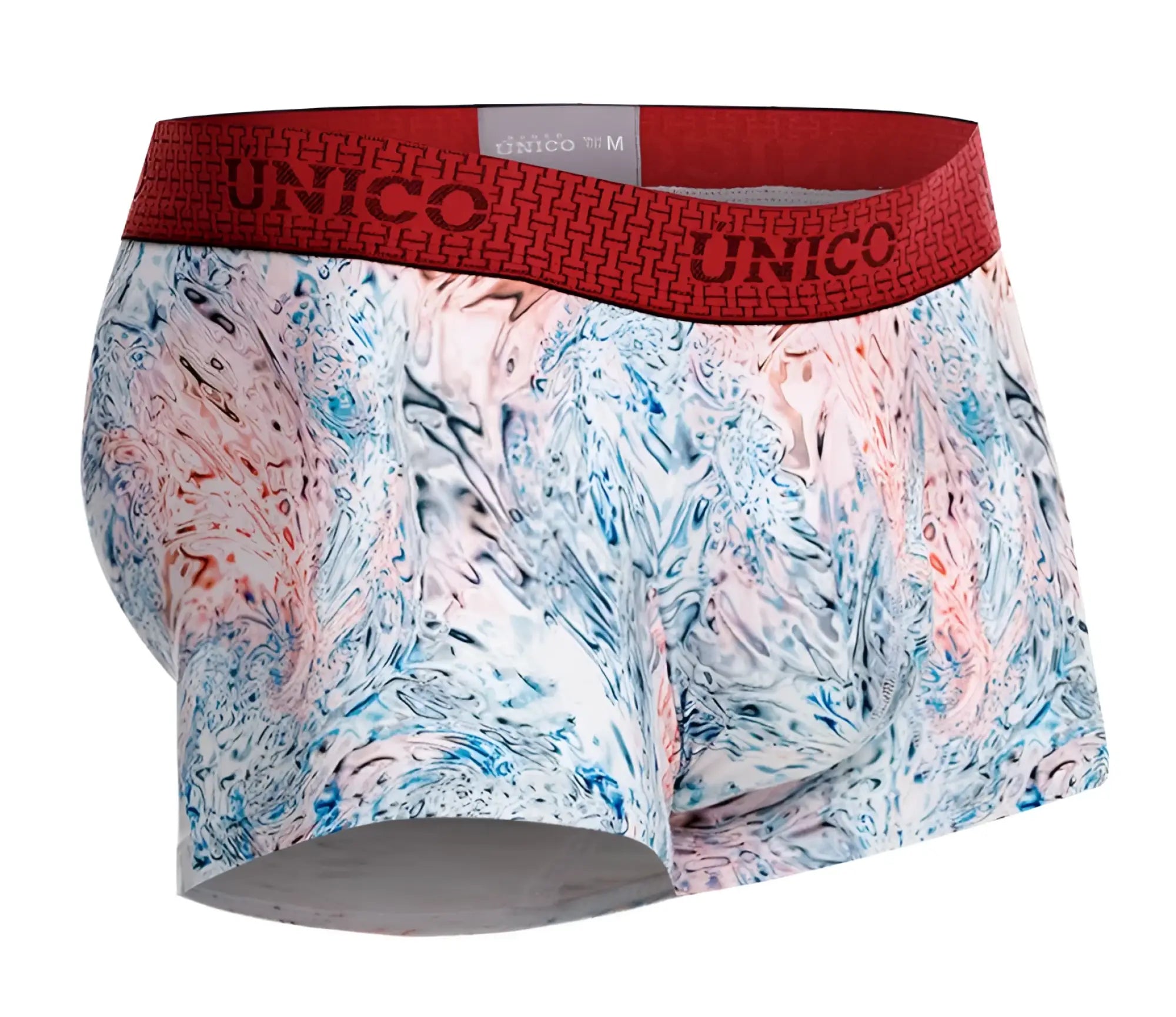Unico 25020100103 Rizo trunks white men’s boxer briefs with blue pink white marbled pattern and red waistband