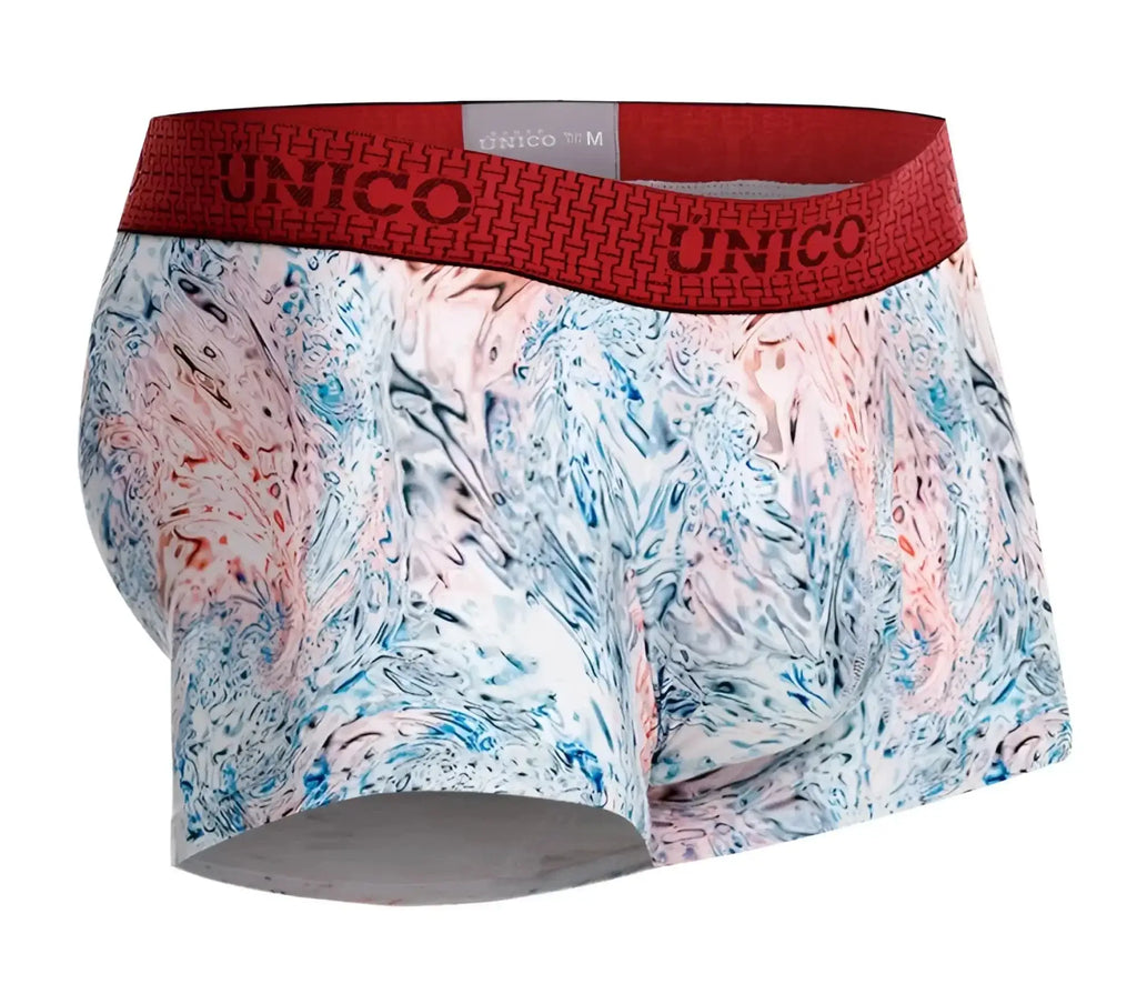 Unico 25020100103 Rizo trunks white men’s boxer briefs with blue pink white marbled pattern and red waistband