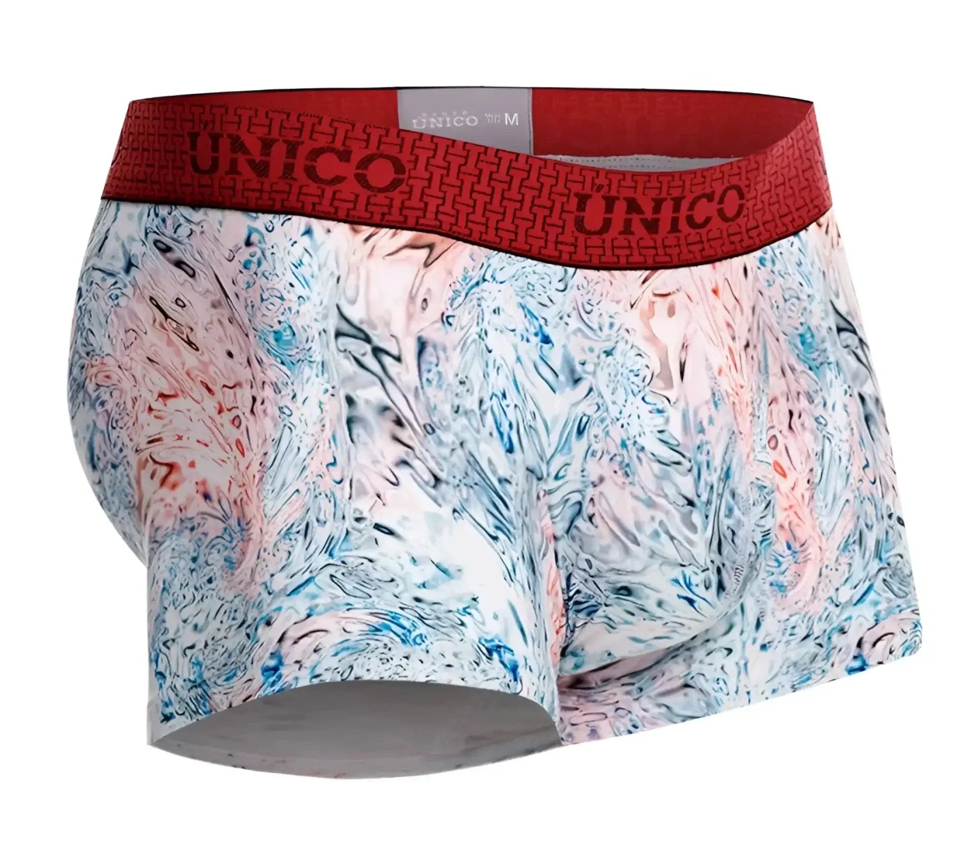 Unico 25020100103 Rizo trunks white men’s boxer briefs with blue pink white marbled pattern and red waistband