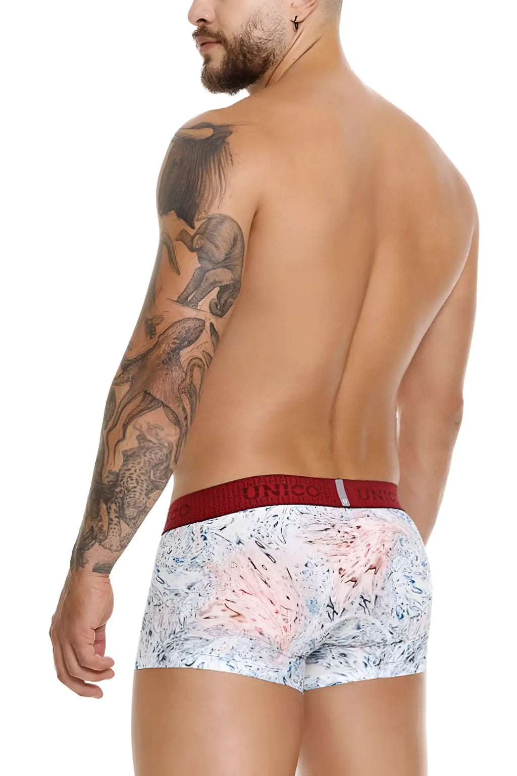 Unico 25020100103 Rizo trunks white boxer briefs with pink abstract pattern and red elastic waistband branded unico