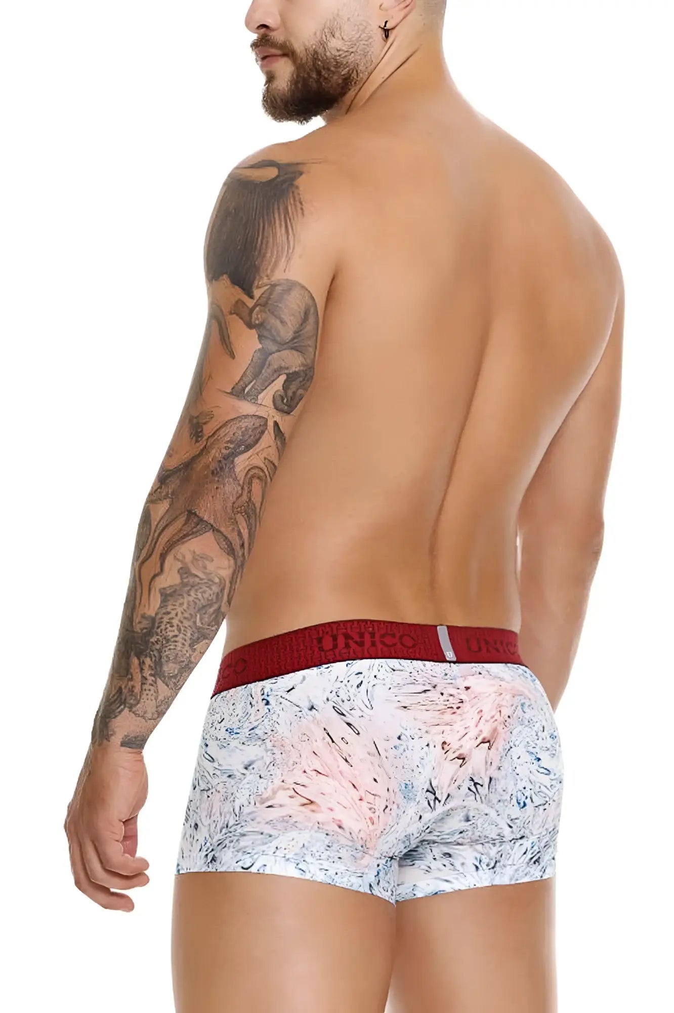 Unico 25020100103 Rizo trunks white boxer briefs with pink abstract pattern and red elastic waistband branded unico