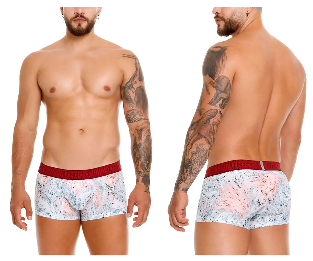 White and pink abstract patterned unico rizo trunks briefs with red elastic waistband color 00-white