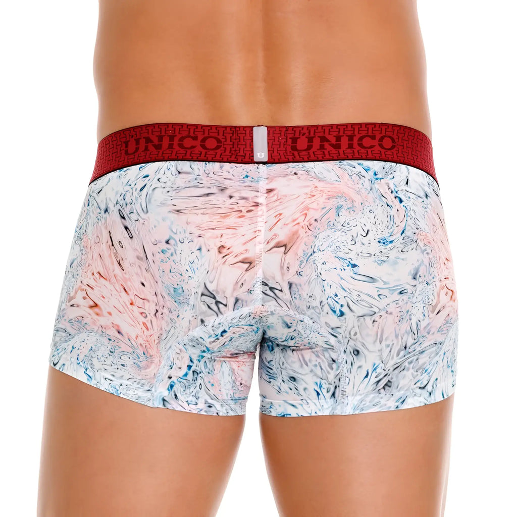 Unico 25020100103 rizo trunks white briefs with red and white swirling marble pattern in pink blue and gray