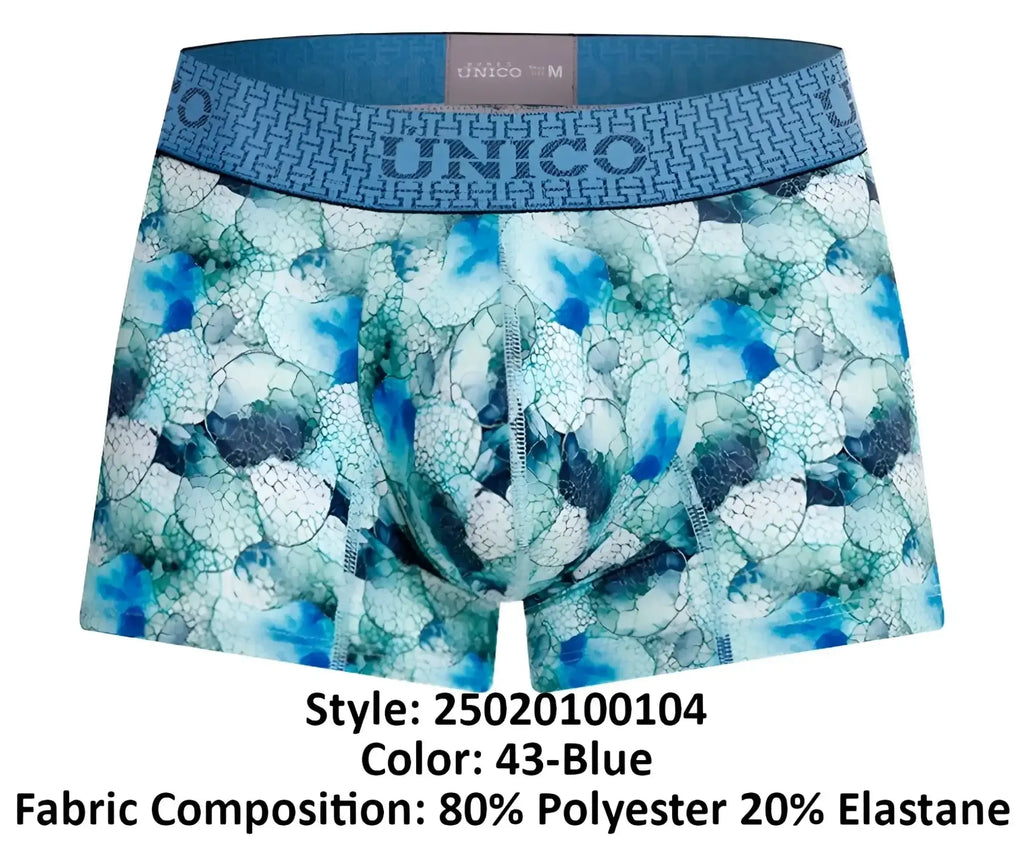 Blue patterned men’s boxer briefs with geometric design and elastic waistband from unico abalon trunks color 43-blue