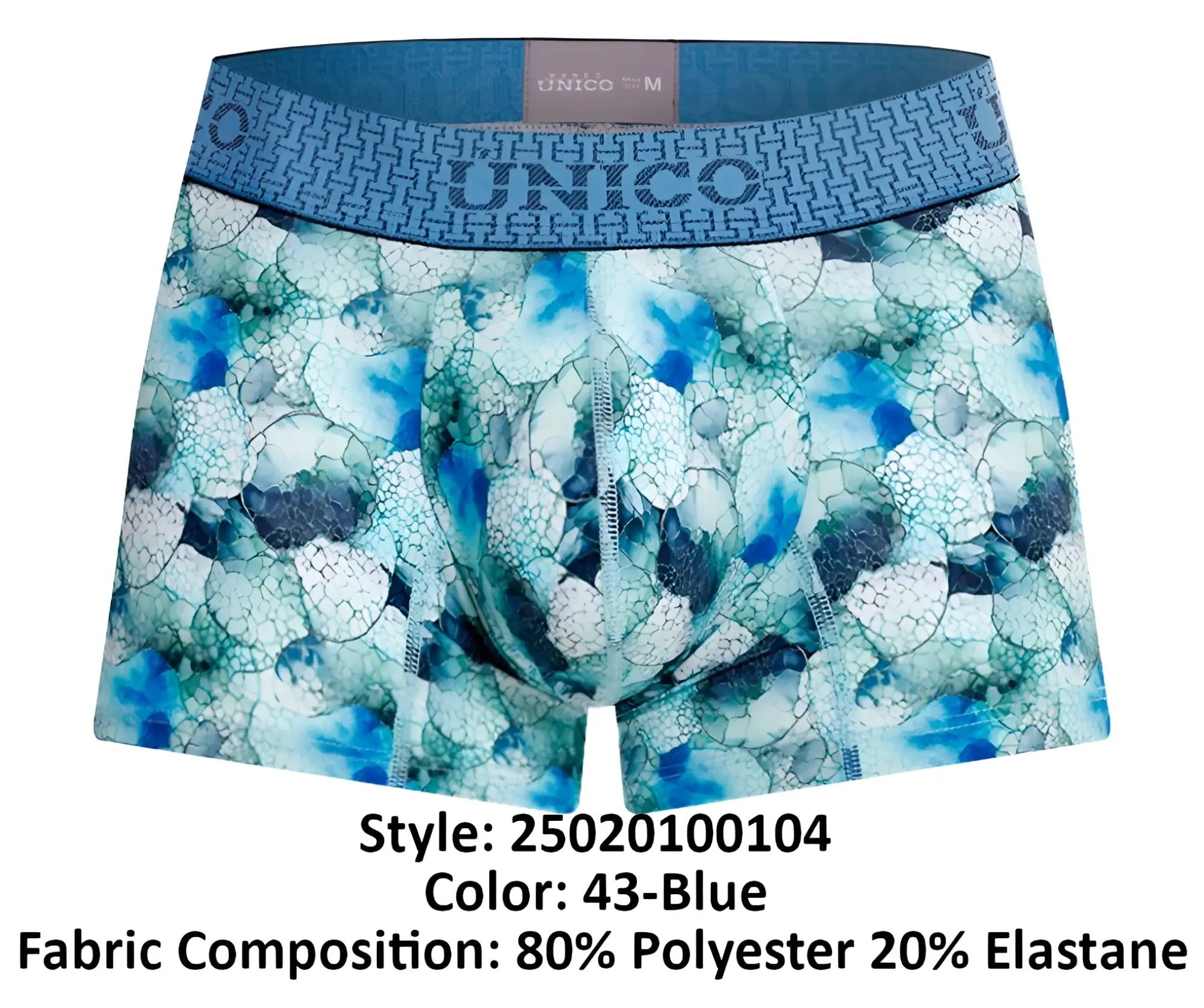 Blue patterned men’s boxer briefs with geometric design and elastic waistband from unico abalon trunks color 43-blue