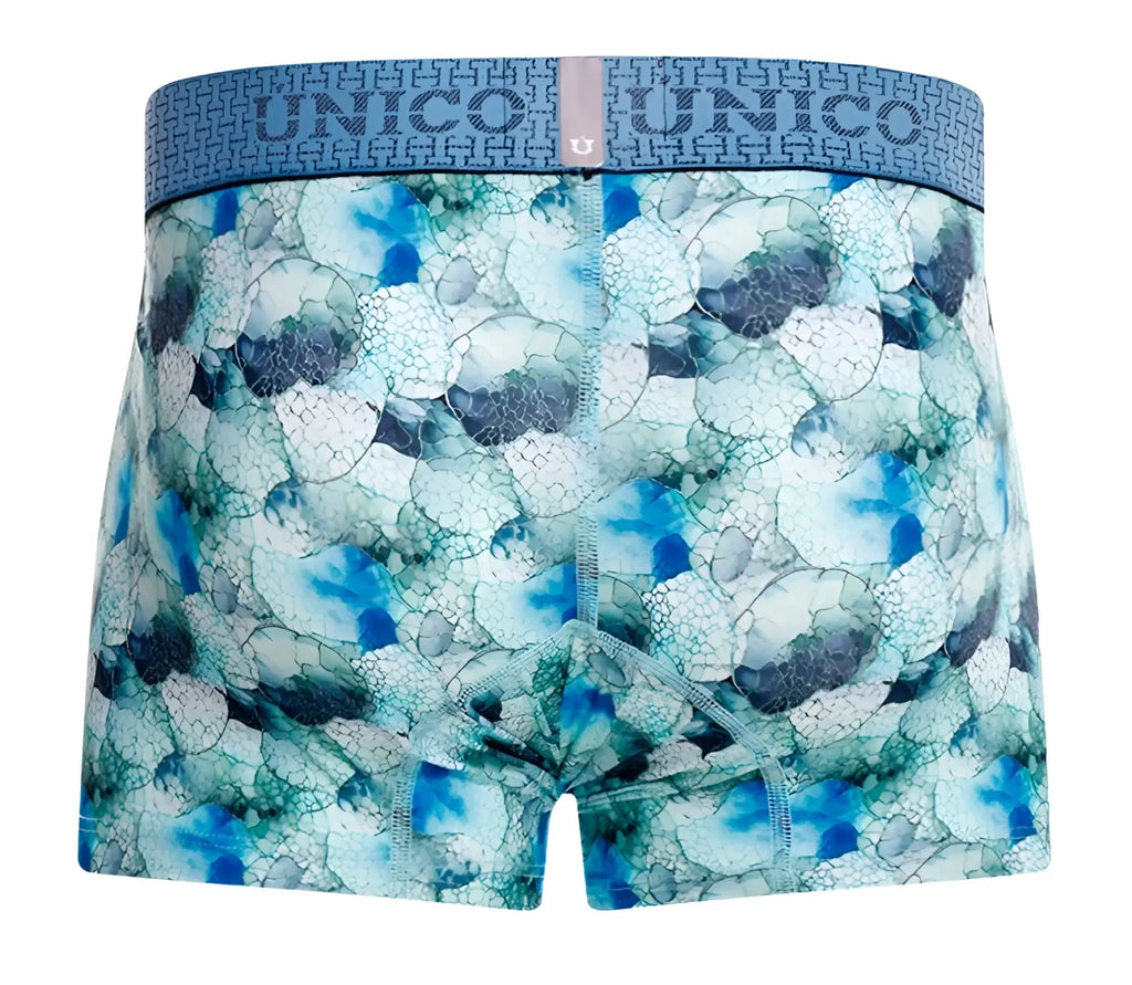 Unico 25020100104 abalon trunks in blue feature teal abstract bubble-patterned men’s boxer briefs with branded waistband