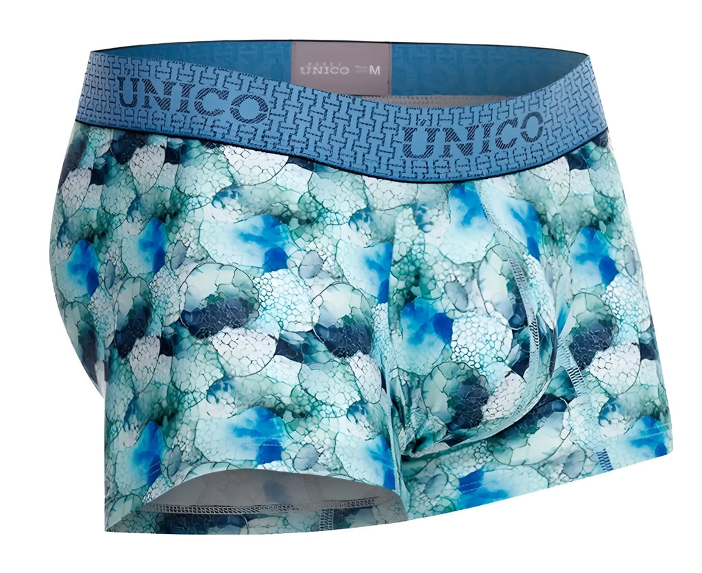 Blue and teal patterned unico 25020100104 abalon men’s boxer briefs with geometric waistband