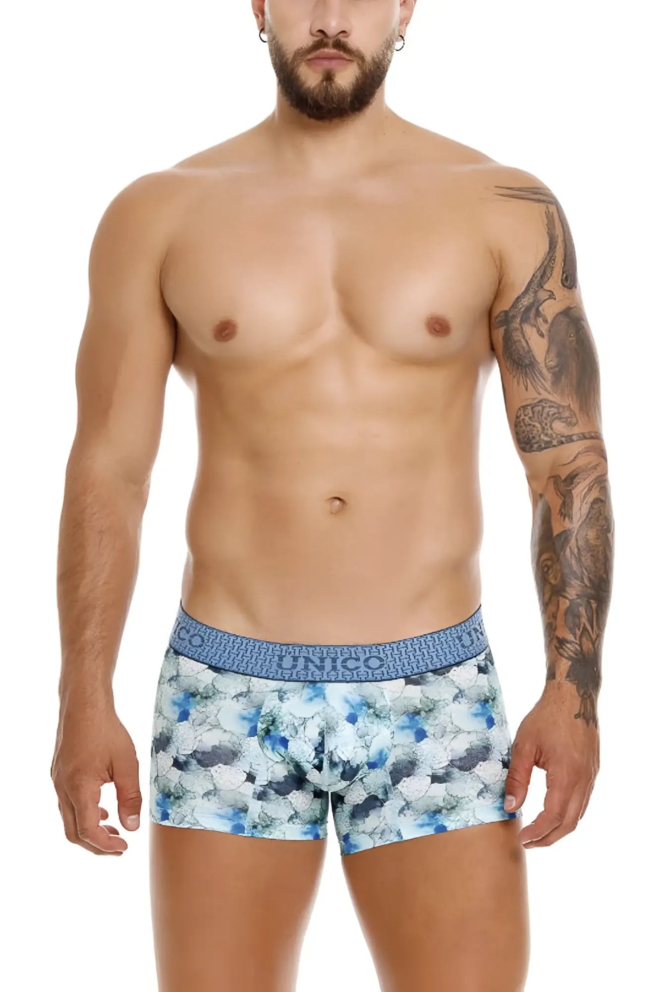 Blue and white floral patterned men’s briefs with branded elastic waistband unisex trunks color 43-blue