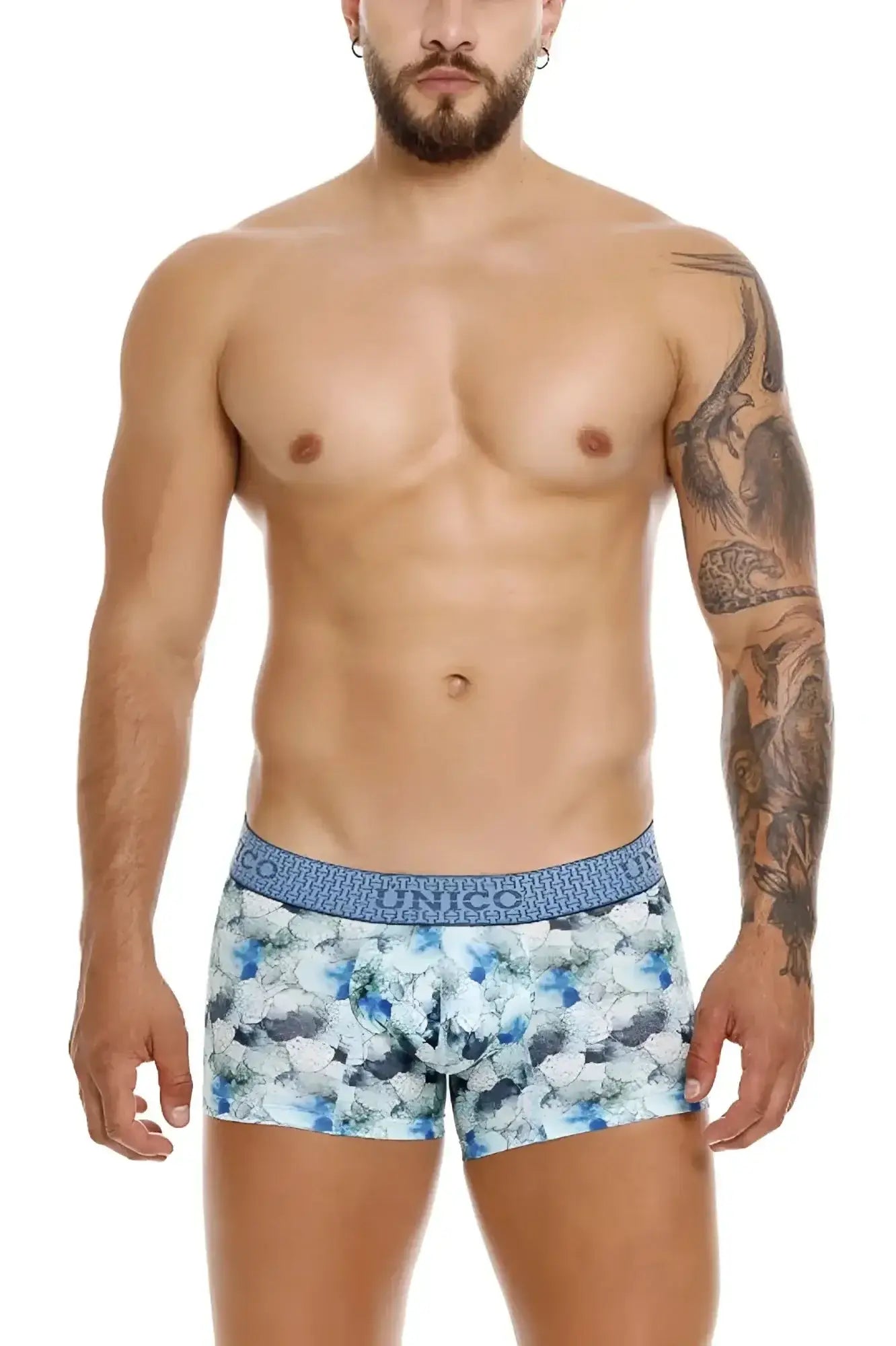 Blue and white floral patterned men’s briefs with branded elastic waistband unisex trunks color 43-blue