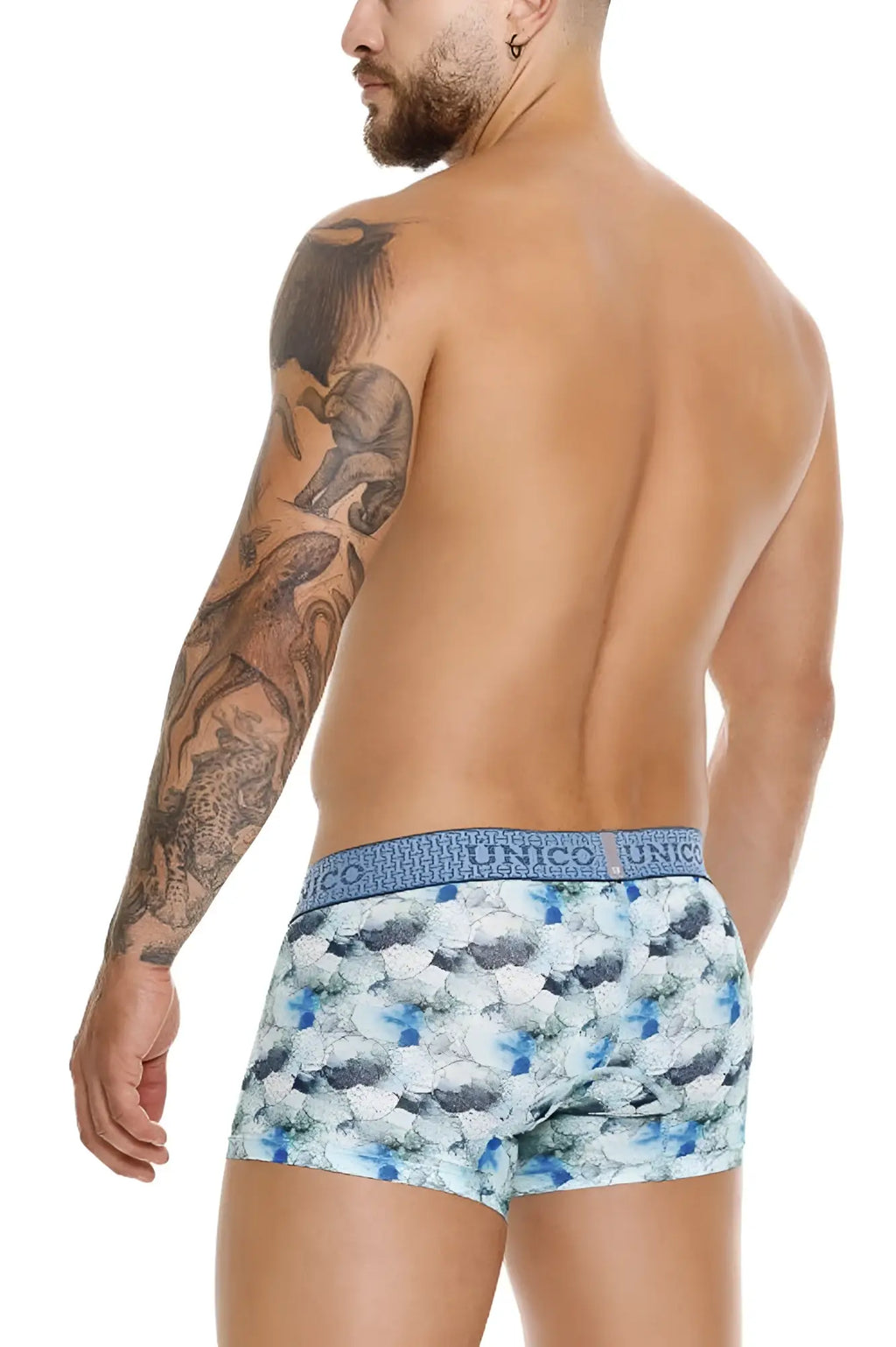 Blue and white patterned unico 25020100104 abalon trunks with repeating fish design boxer briefs