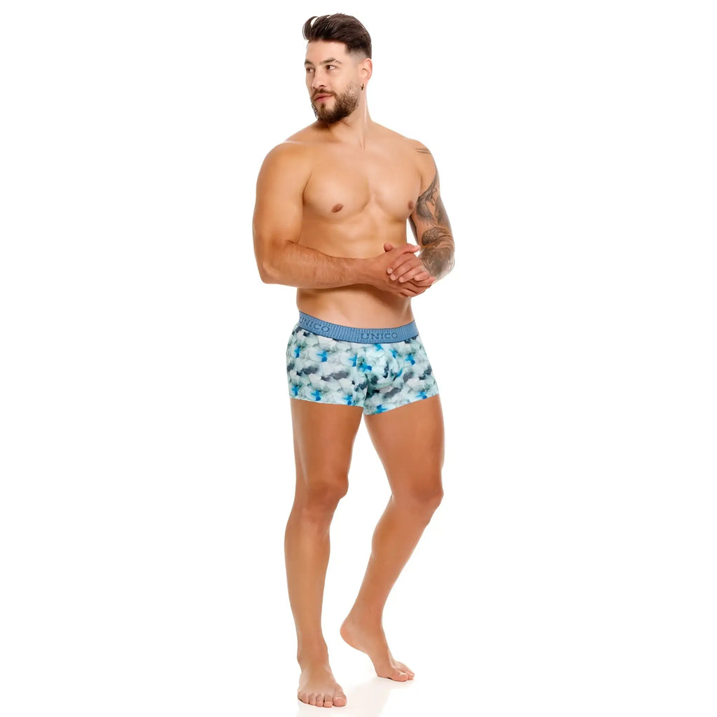 Blue and white patterned uniсo abalon trunks with solid blue waistband comfortable boxer briefs