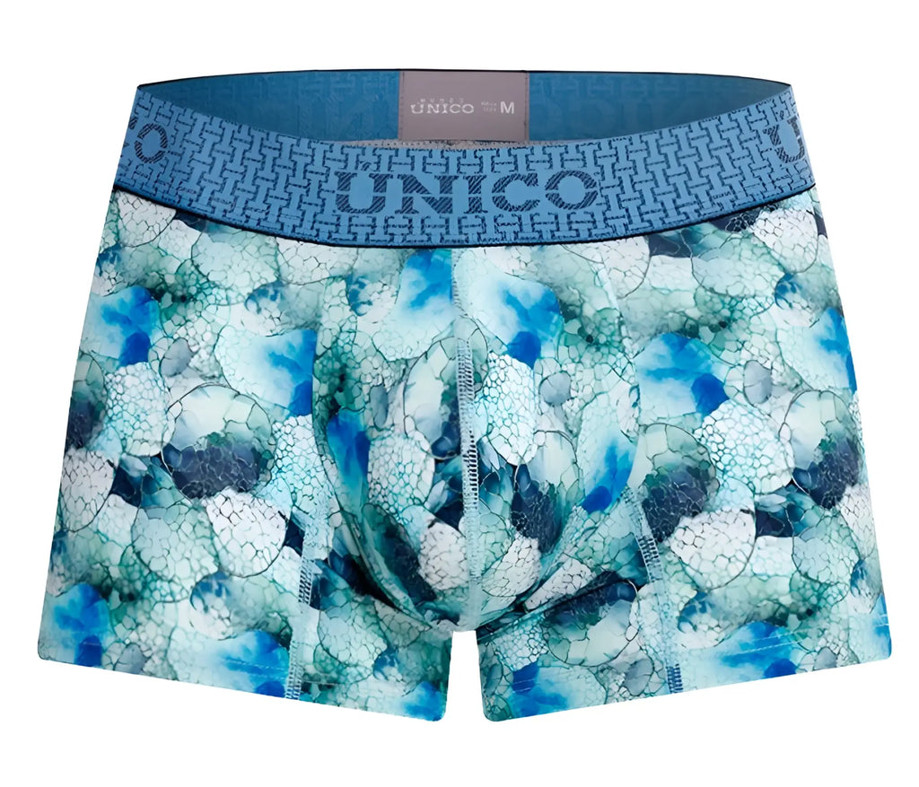 Unico 25020100104 Abalon trunks blue and white patterned men’s boxer briefs with geometric waistband design