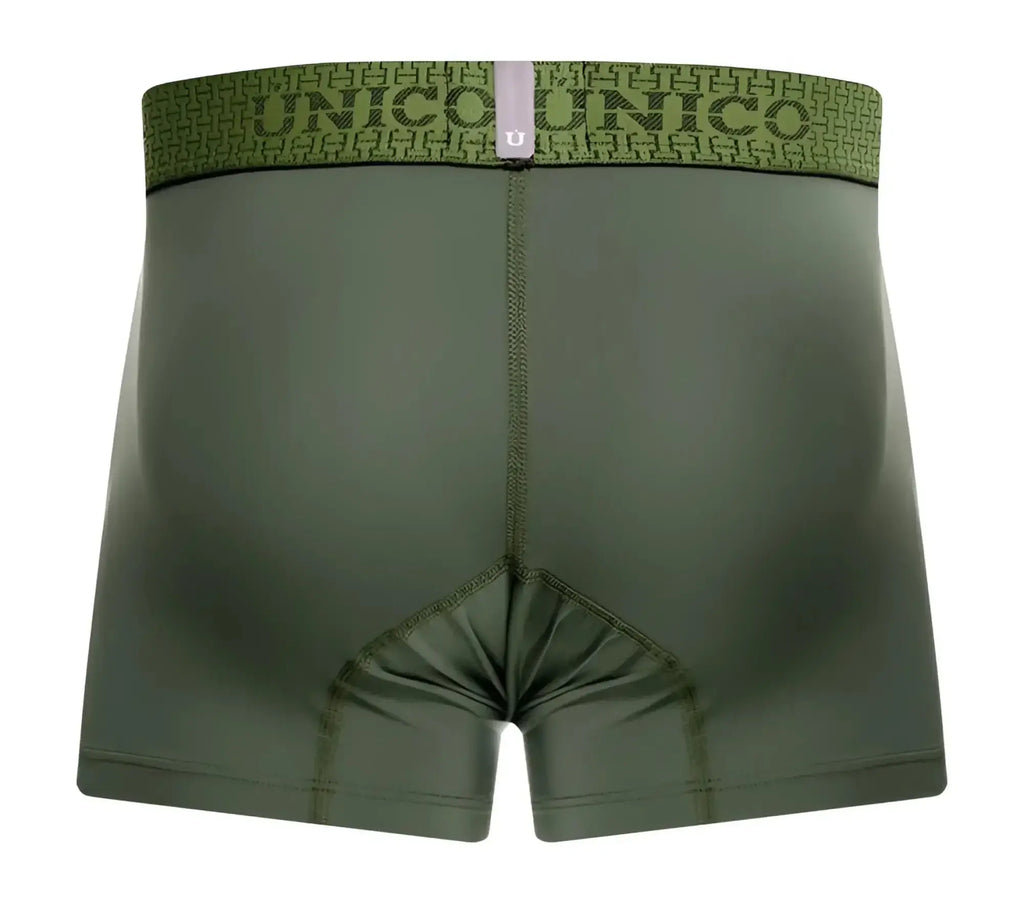 Olive green unico 25020100105 glauco trunks boxer briefs with patterned waistband featuring brand name and logo