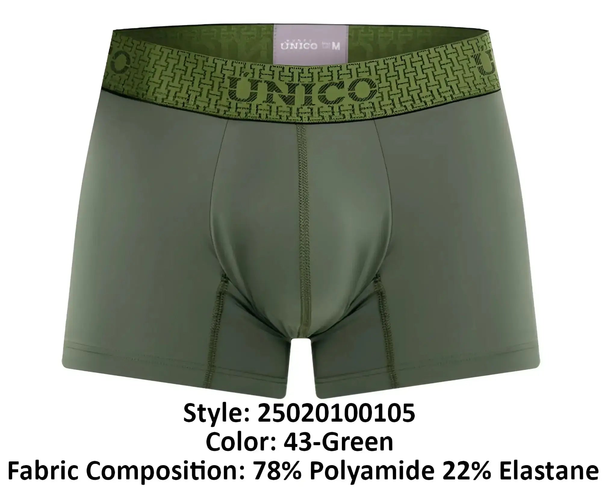 Olive green unico men’s boxer briefs with patterned waistband featuring brand name and logo in trunks style