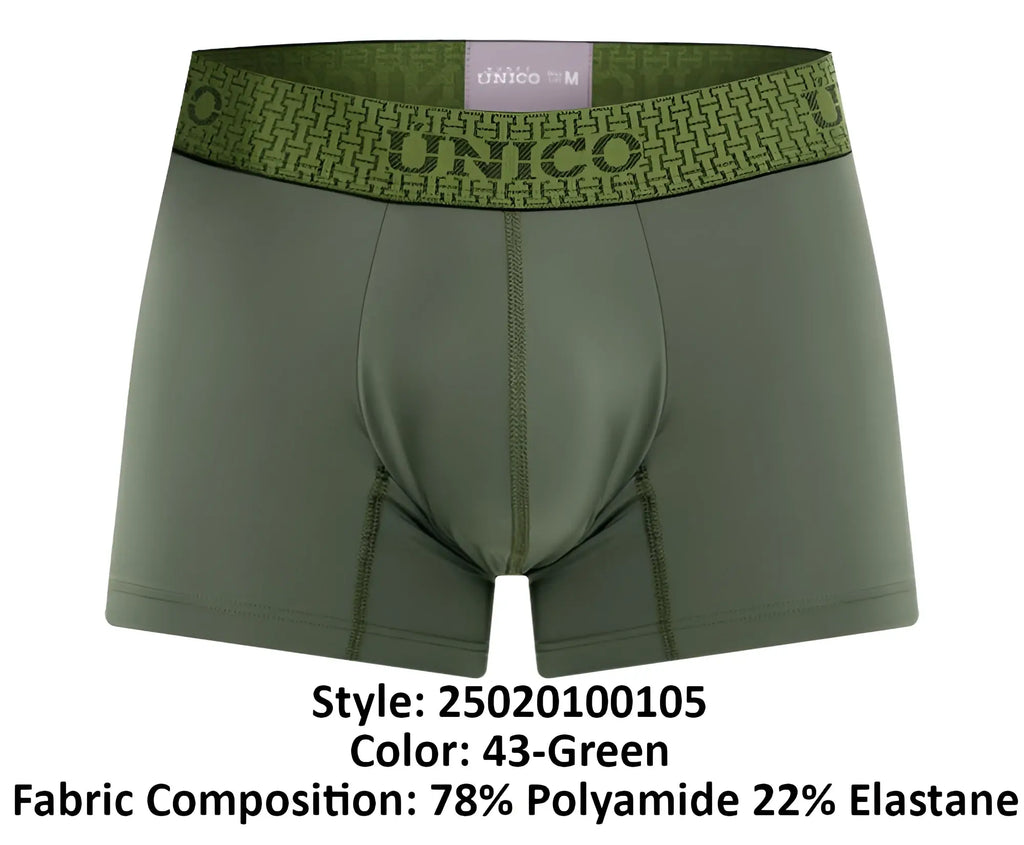 Olive green unico men’s boxer briefs with patterned waistband featuring brand name and logo in trunks style