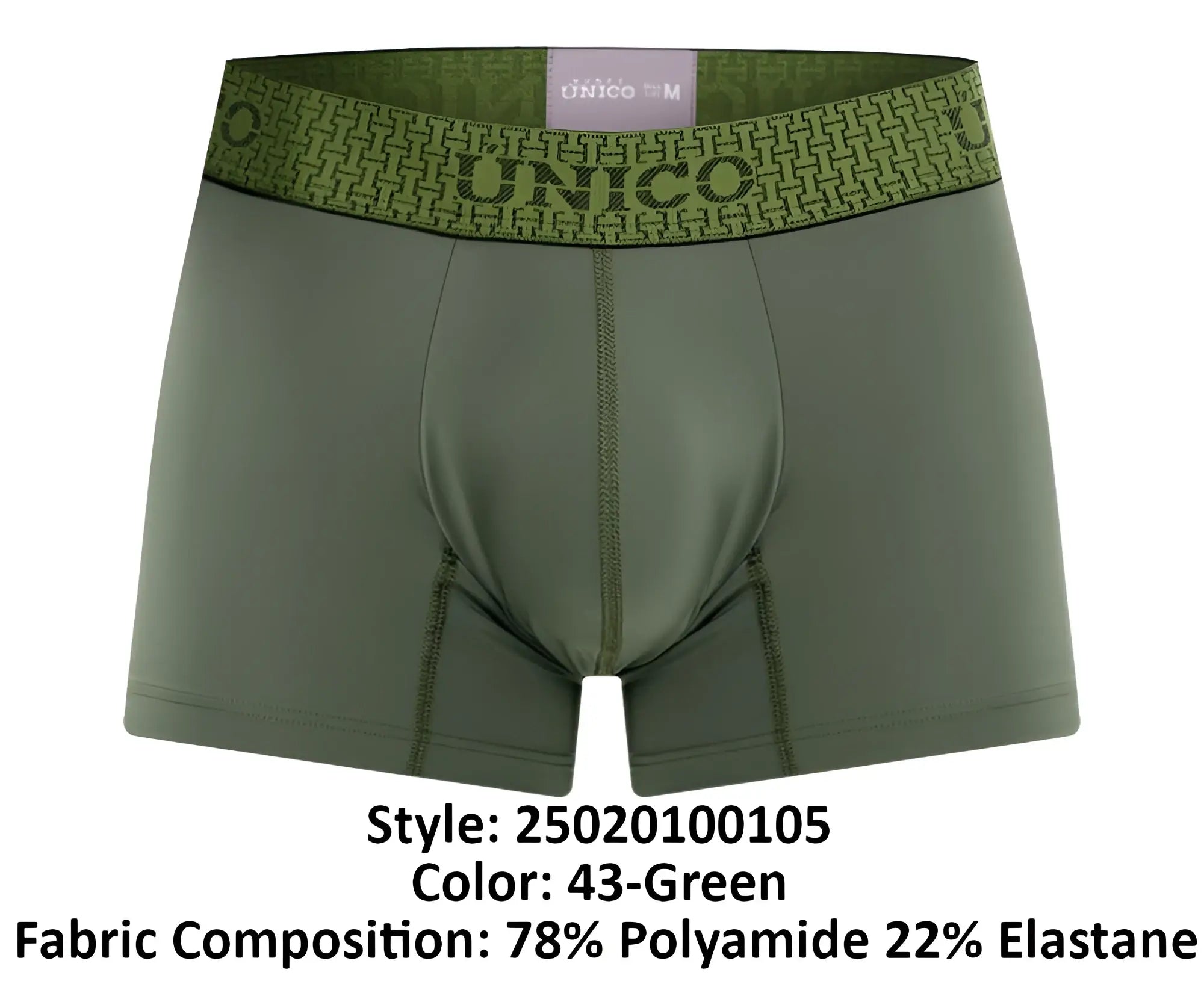 Olive green unico men’s boxer briefs with patterned waistband featuring brand name and logo in trunks style