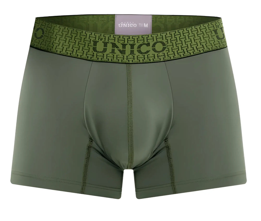Olive green unico men’s boxer briefs with patterned waistband showing brand name and size label unisex trunks