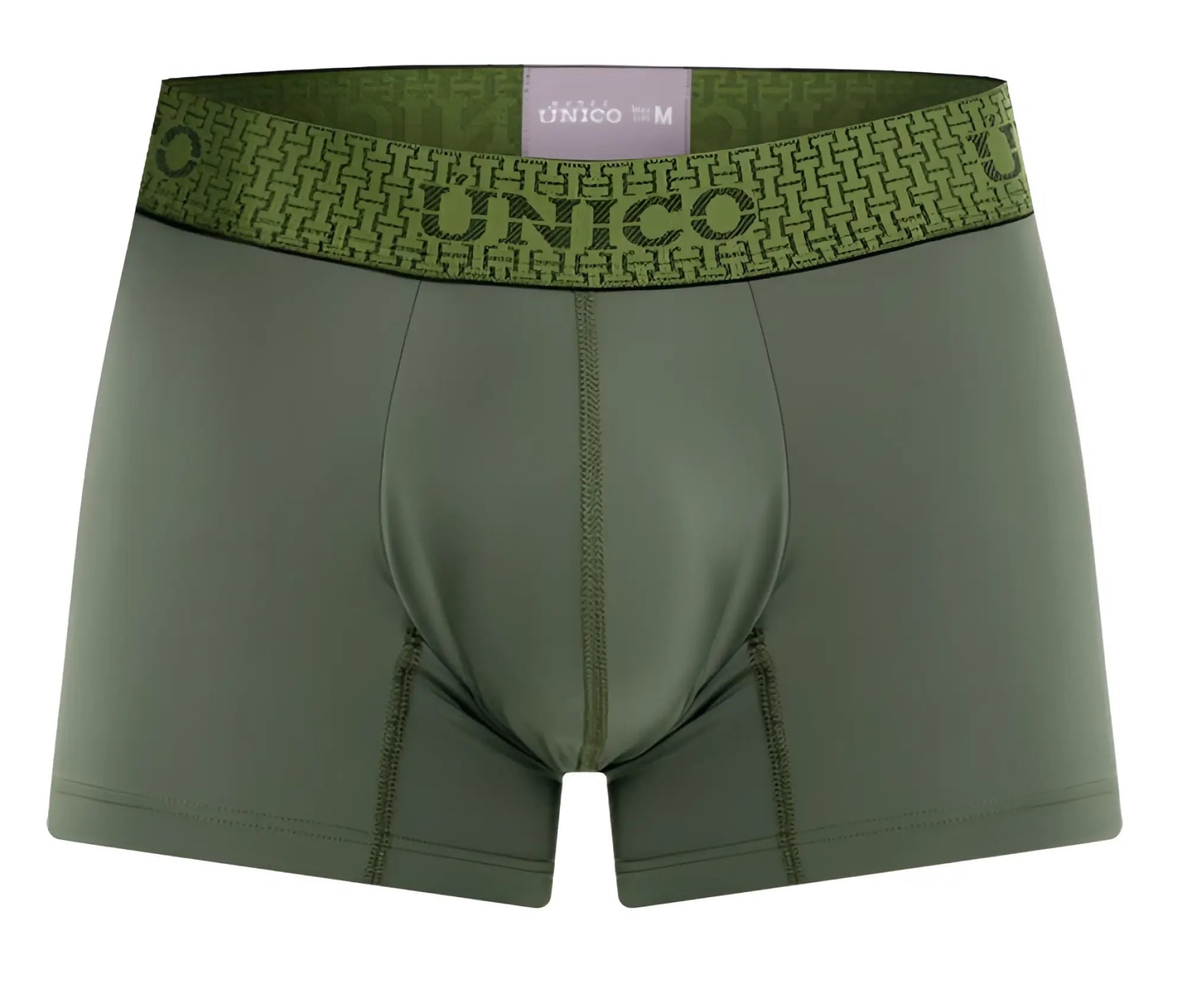 Olive green unico men’s boxer briefs with patterned waistband showing brand name and size label unisex trunks