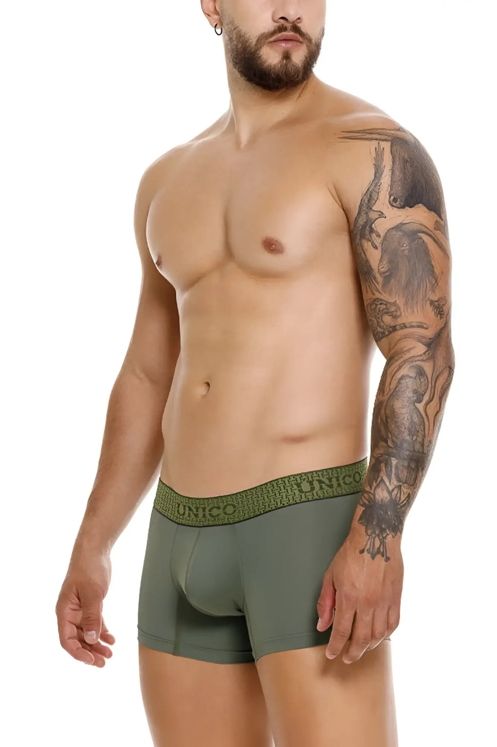 Olive green unico 25020100105 glauco trunks men’s briefs with textured waistband featuring brand name lettering