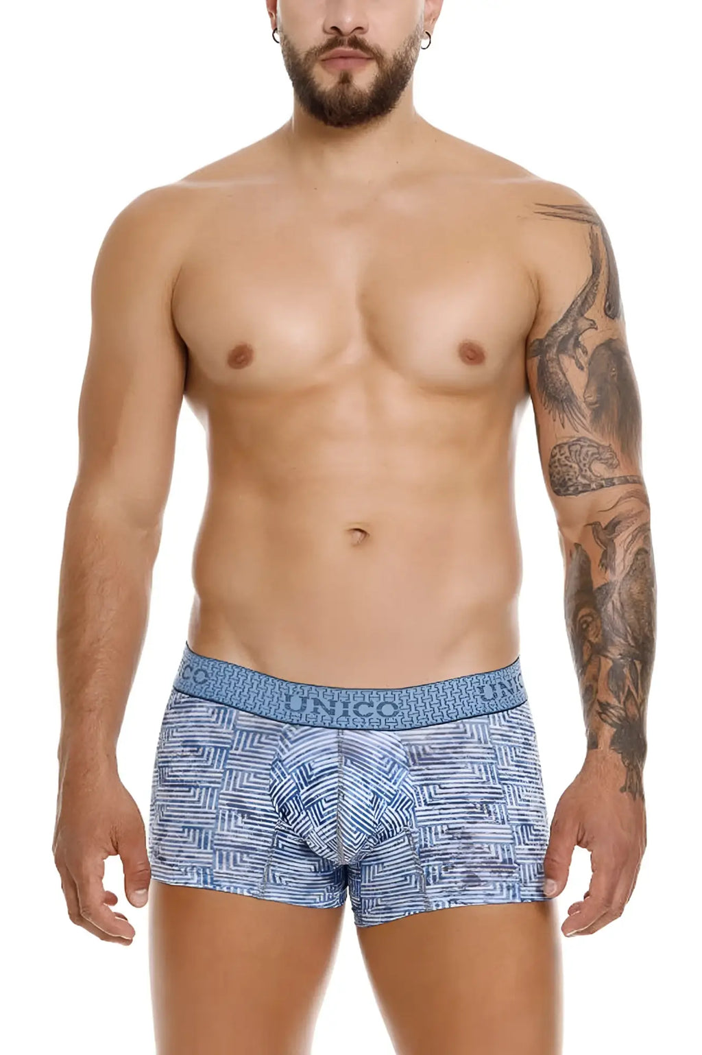 Blue patterned boxer briefs with geometric design and branded waistband from unico ostion trunks color 46-blue