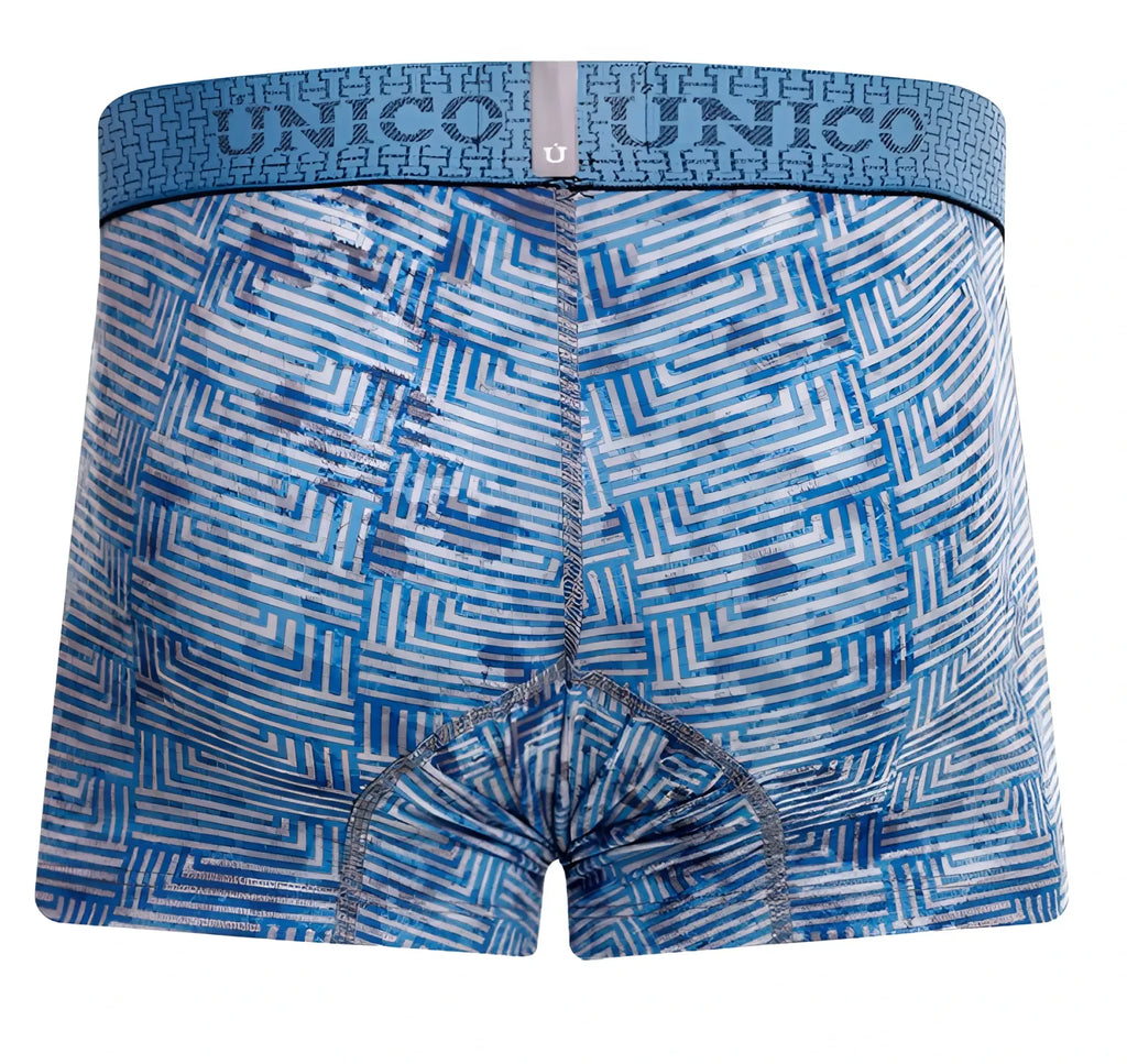 Blue and white geometric-patterned unico 25020100111 ostion boxer briefs with matching elastic waistband