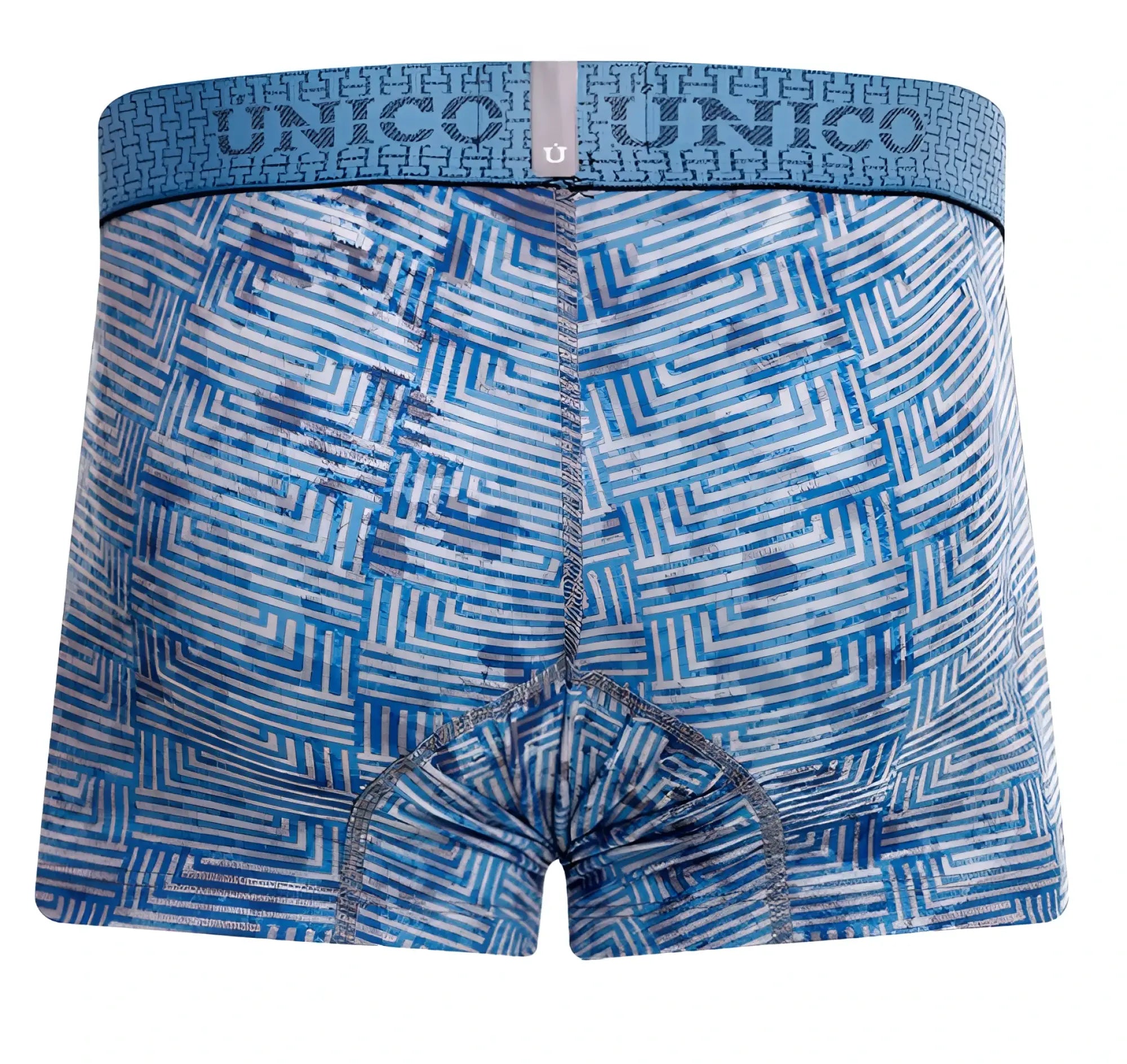Blue and white geometric-patterned unico 25020100111 ostion boxer briefs with matching elastic waistband